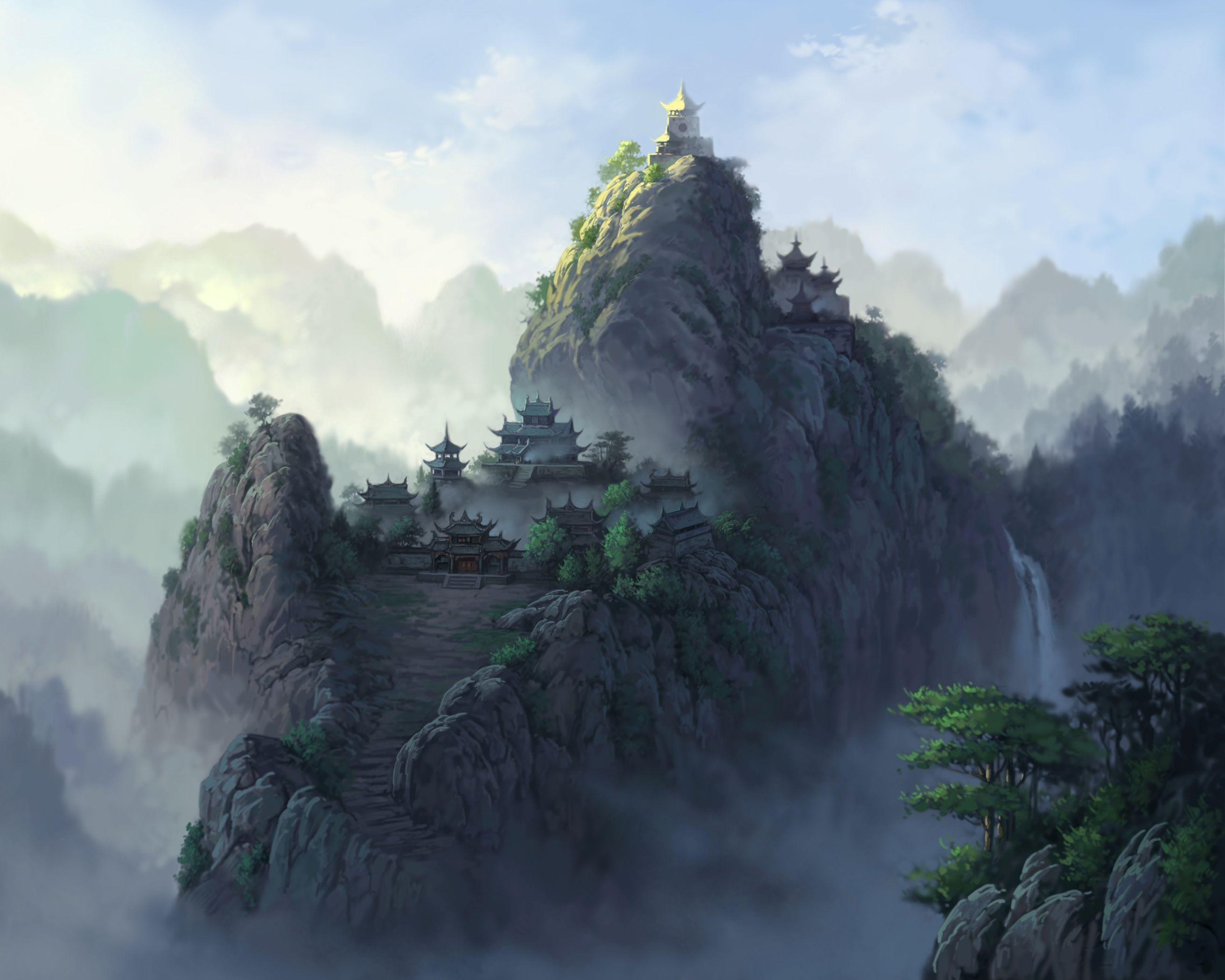 2625x2100 Landscapes castles asian oriental mountains waterfalls trees sky fog