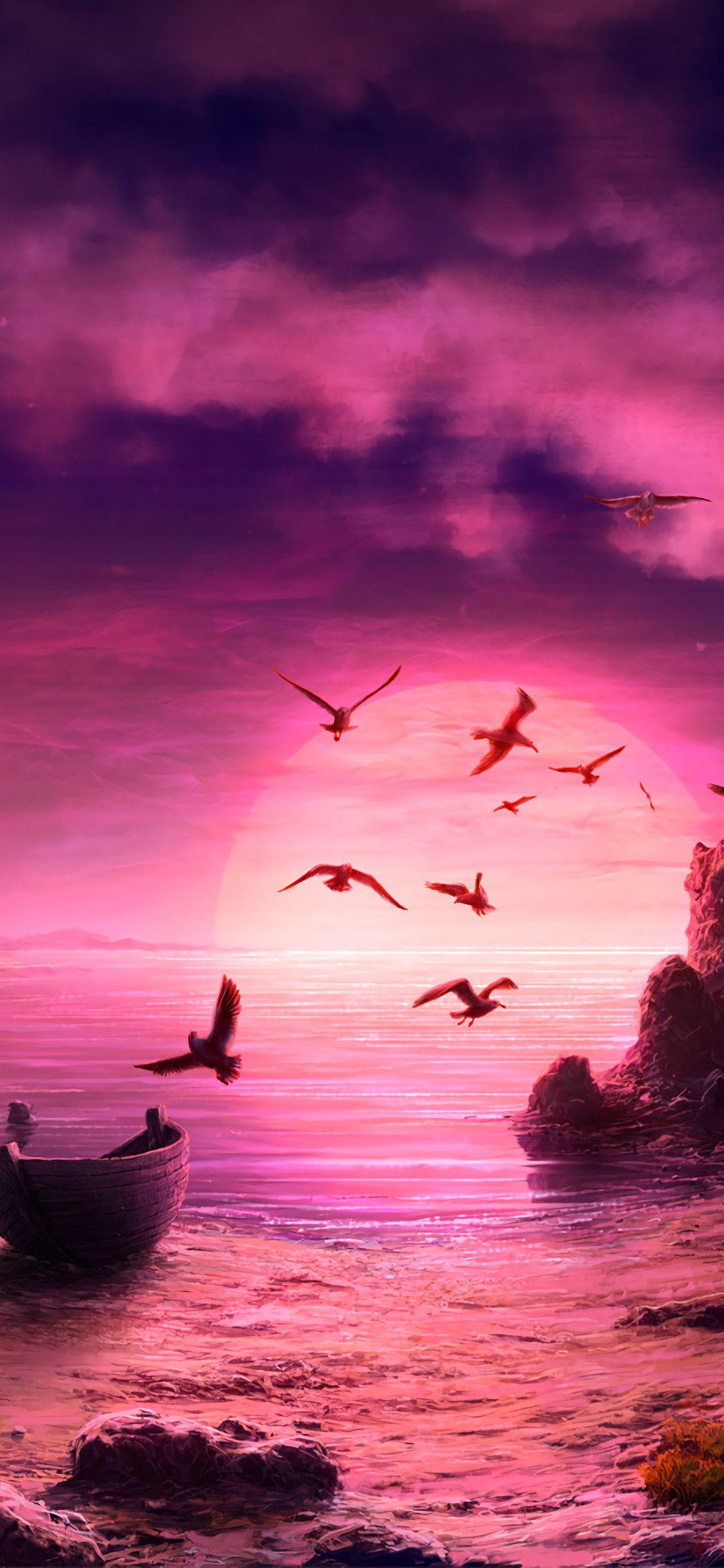 1125x2436 Seagull Birds Boat Landscape Purple Sunset iPhone XS, iPhone iPhone X HD 4k Wallpaper, Image, Background, Photo and Picture