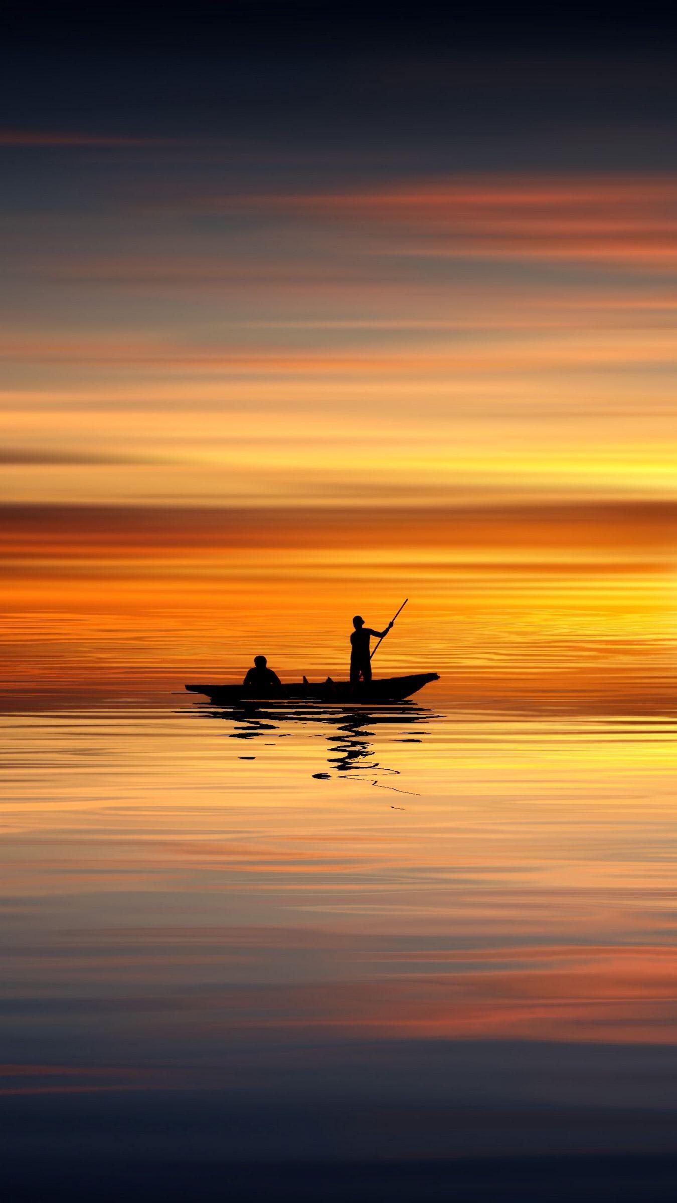 1350x2400 Wallpaper boat, skyline, silhouettes, sunset, sea