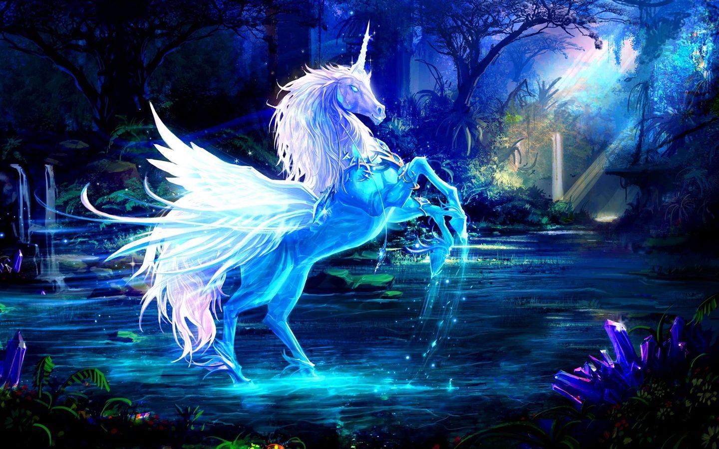 1440x900 Wallpaper Art picture, unicorn, horse, water, rays, forest, blue