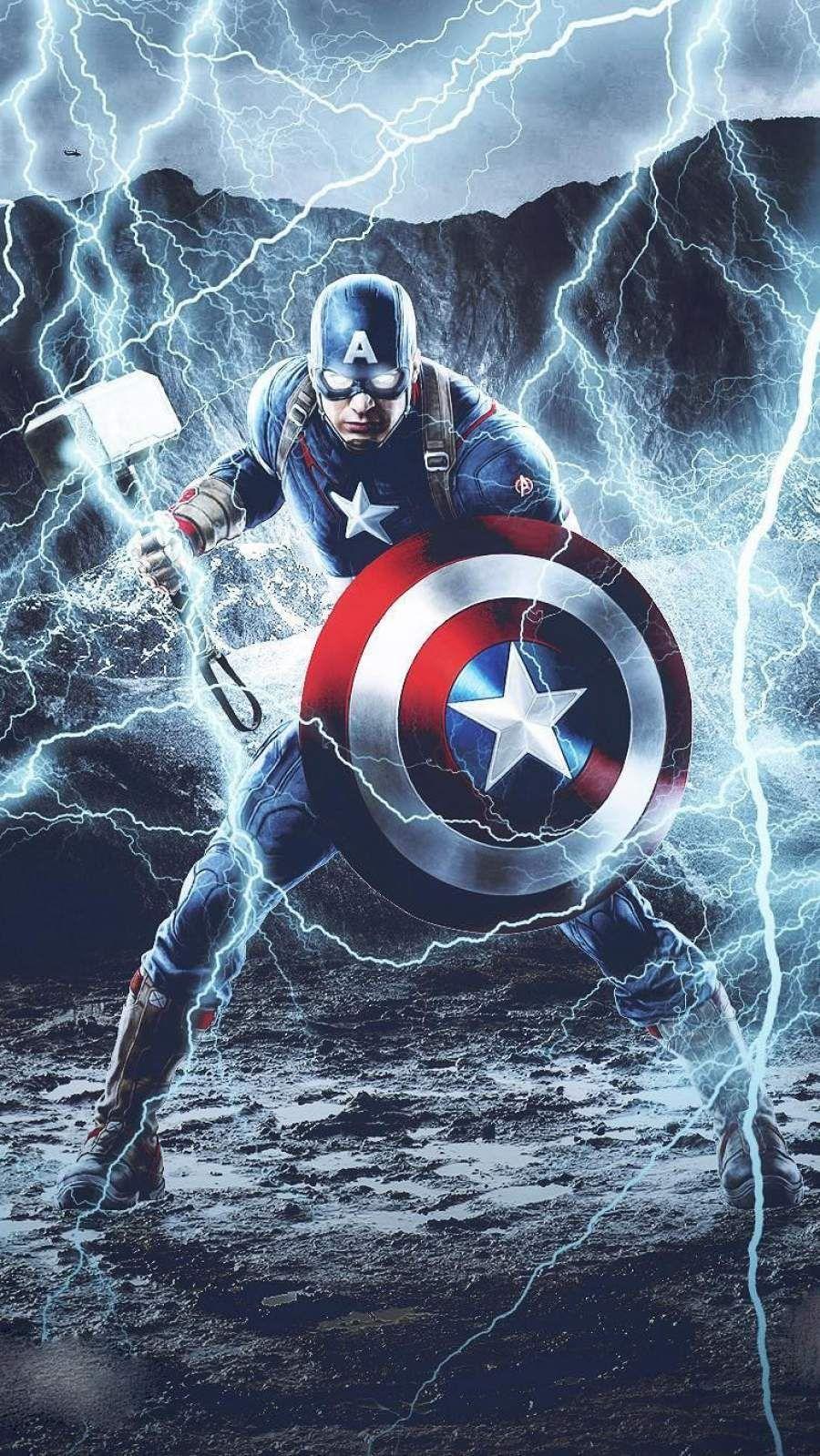 Hình nền iPhone 900x1599 Captain America Mjolnir Thunder.  Những người báo thù