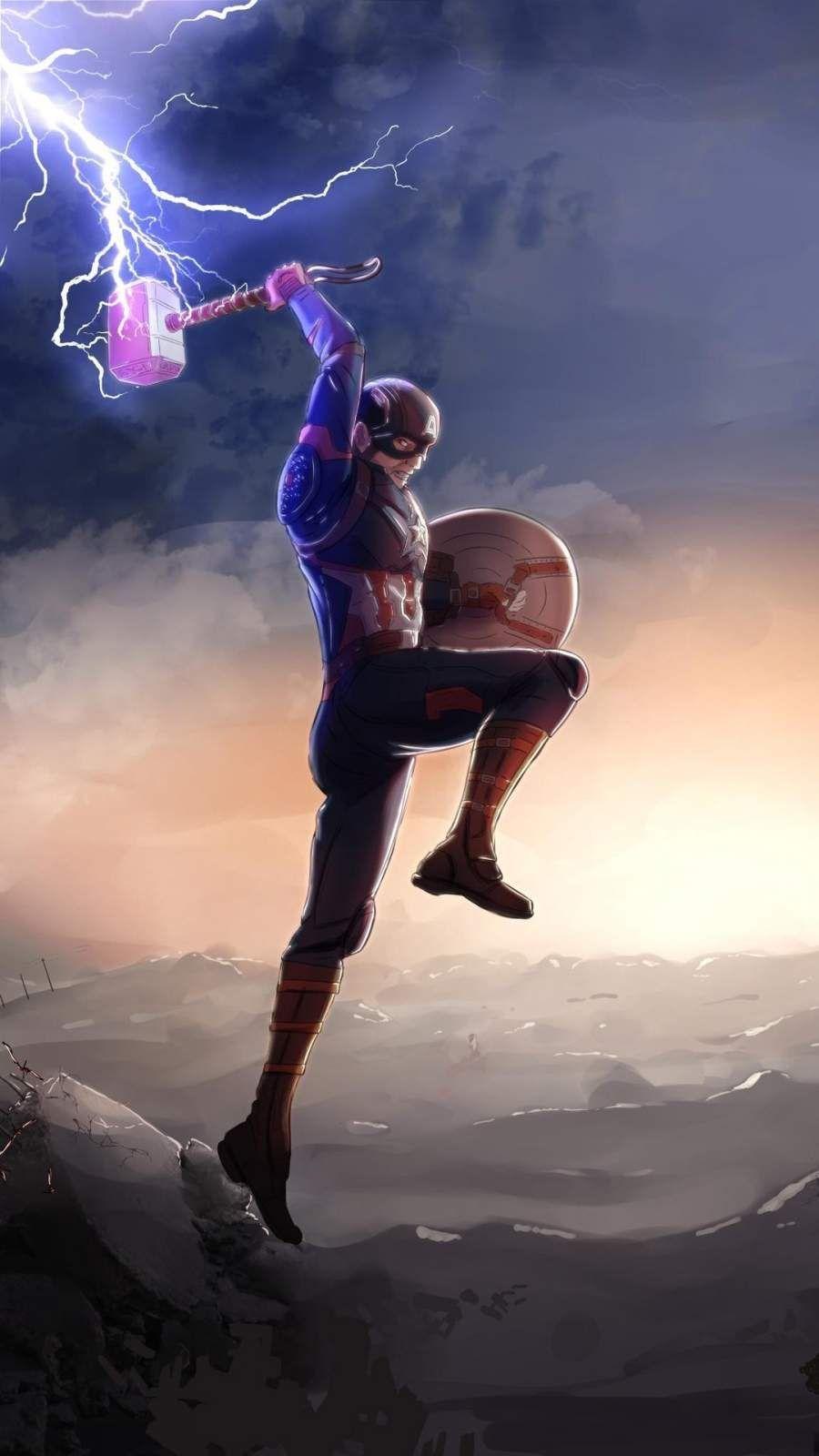 900x1600 Captain America Fighting Thanos With Mjolnir IPhone Wallpaper