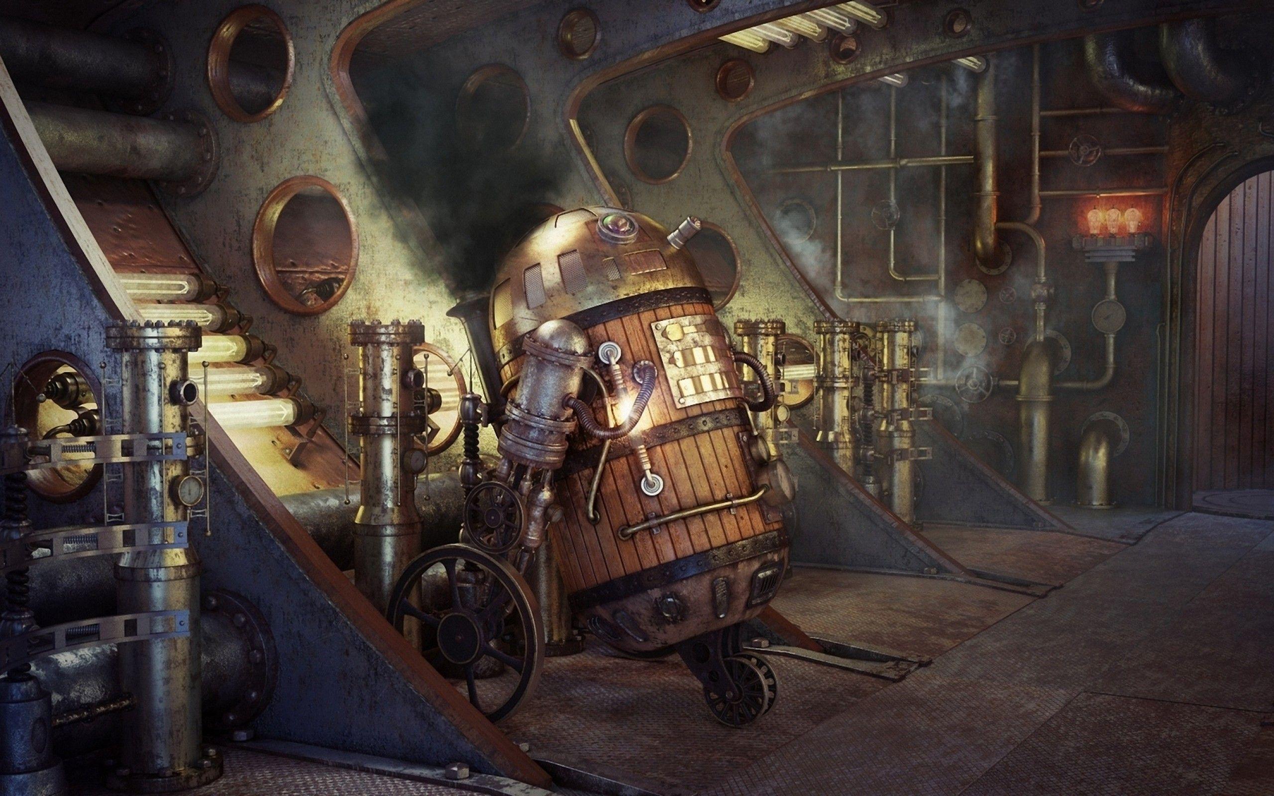 2560x1600 Download 2560x1600 Steampunk Room, Futuristic, Robot, Smoke