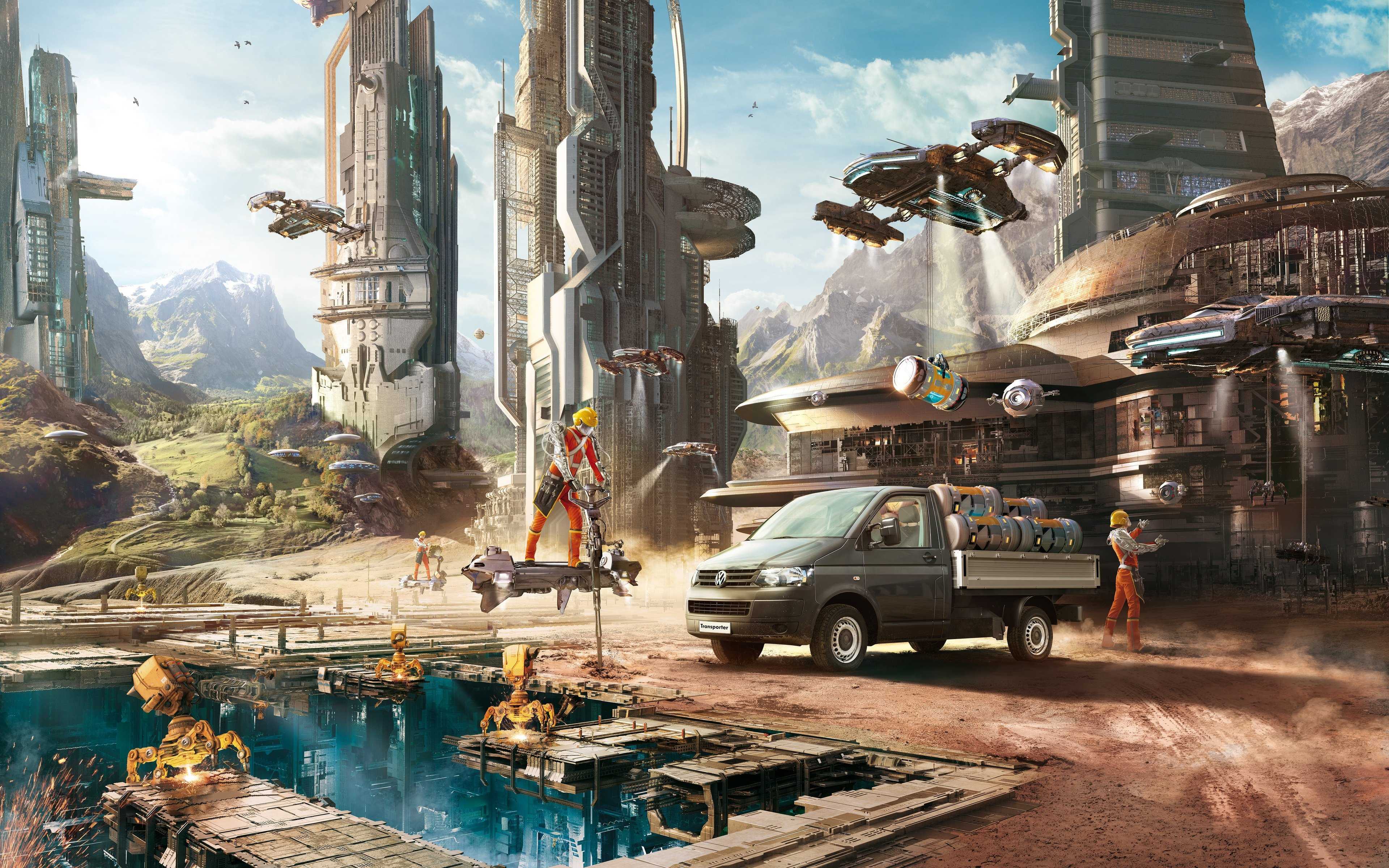 3840x2400 City Construction Futuristic Robot Skyscraper HD Wallpaper (3840x2400)