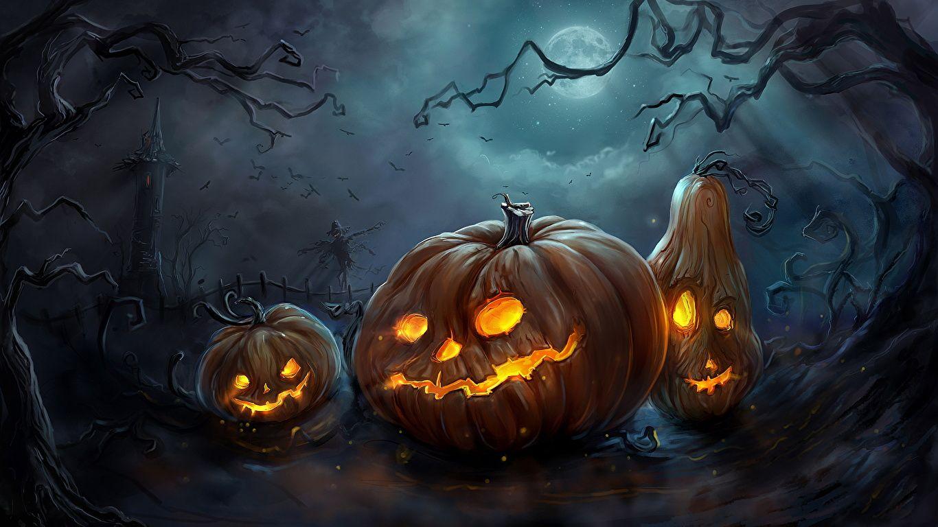 1366x768 Wallpaper Fantasy Pumpkin Halloween Moon night time 1366x768