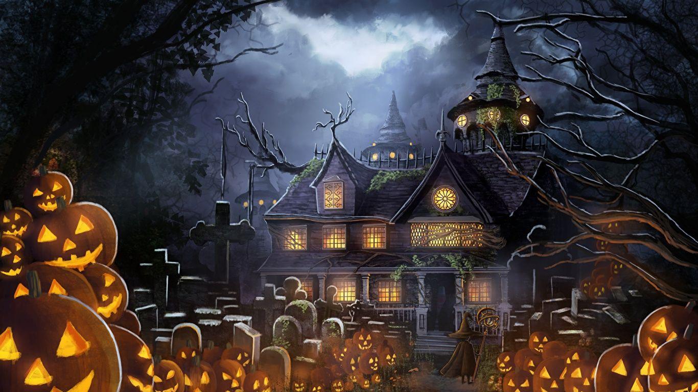 1366x768 Wallpaper graveyard Anime Fantasy Pumpkin Halloween Houses 1366x768
