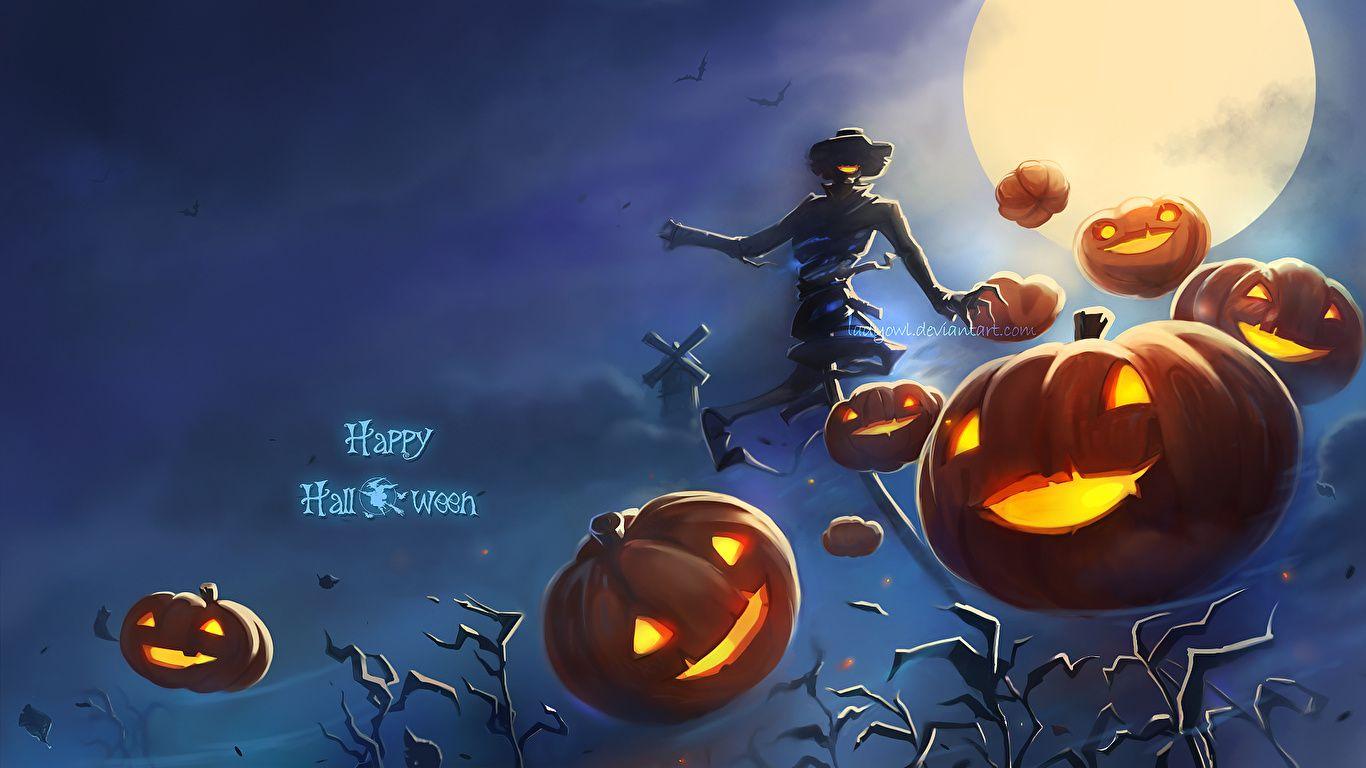 1366x768 image Fantasy Pumpkin Halloween Moon night time Holidays 1366x768
