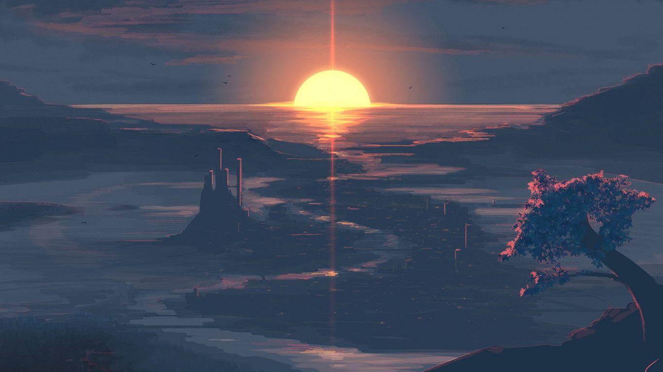 1366x768 Download wallpaper: Digital Art: Sunset 1366x768
