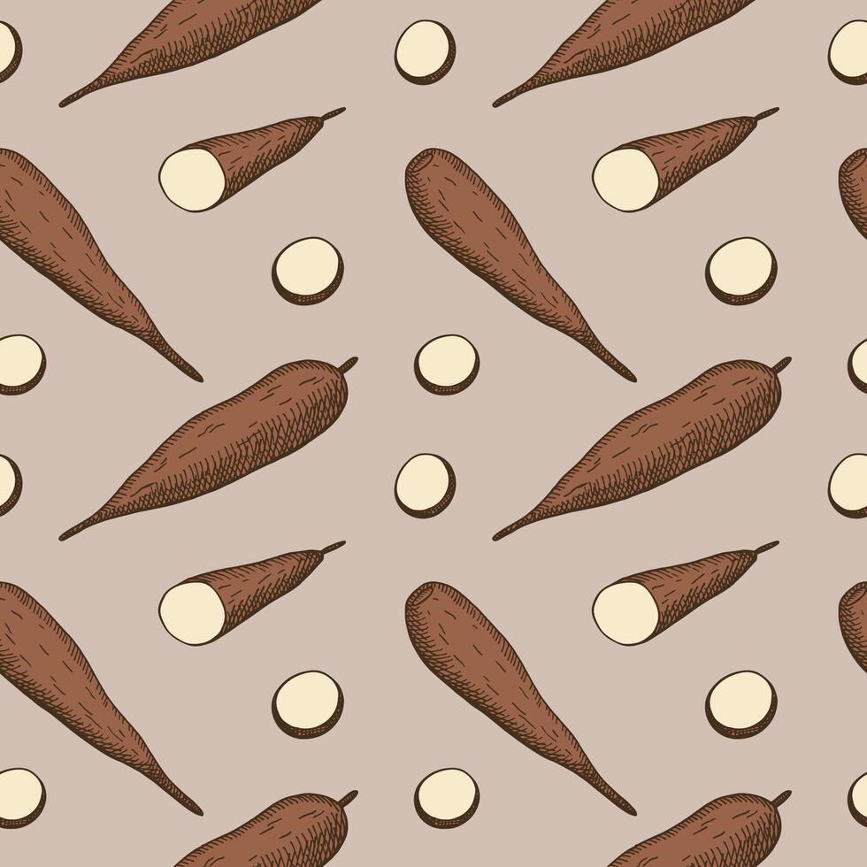 980x980 Seamless pattern with engraved Cassava vegetables. Hand drawn repeating background with tubers and leaves of tropical plant Manihot esculenta. Food illustration for label, card, wrapping, sign