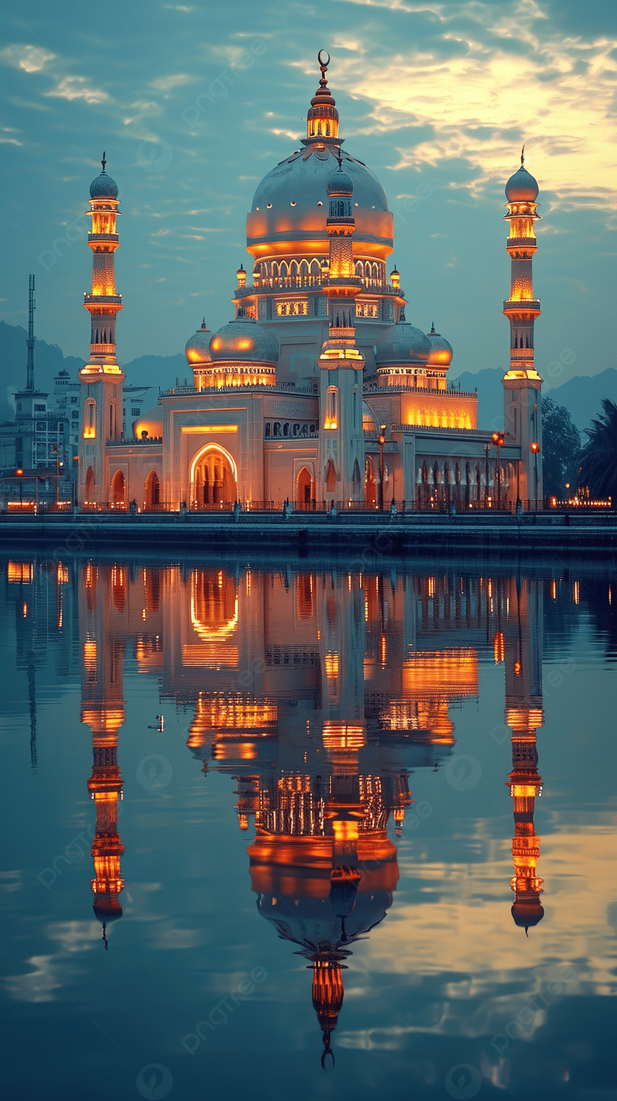 1200x2141 Beautiful View Of The Mosque With River Above At Night Background Wallpaper Image For Free Download