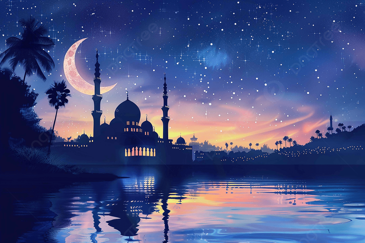 1200x800 New Beautiful Mosque Landscape At The Night And Halfmoon For Islamic Background, Beautiful, Mosque Landscape, Islamic Background Background Image And Wallpaper for Free Download