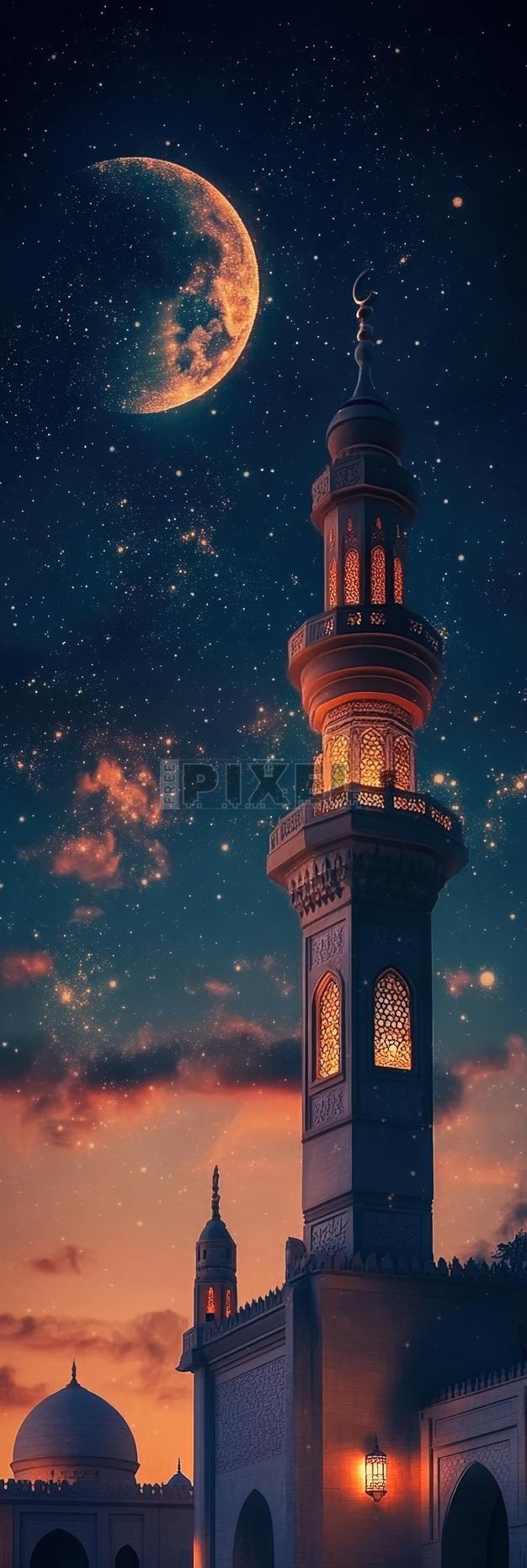 626x1862 Free Photo Mosque Under The Night Sky Glowing With Crescent Moon On The Occasion Of Ramadan Mubarak