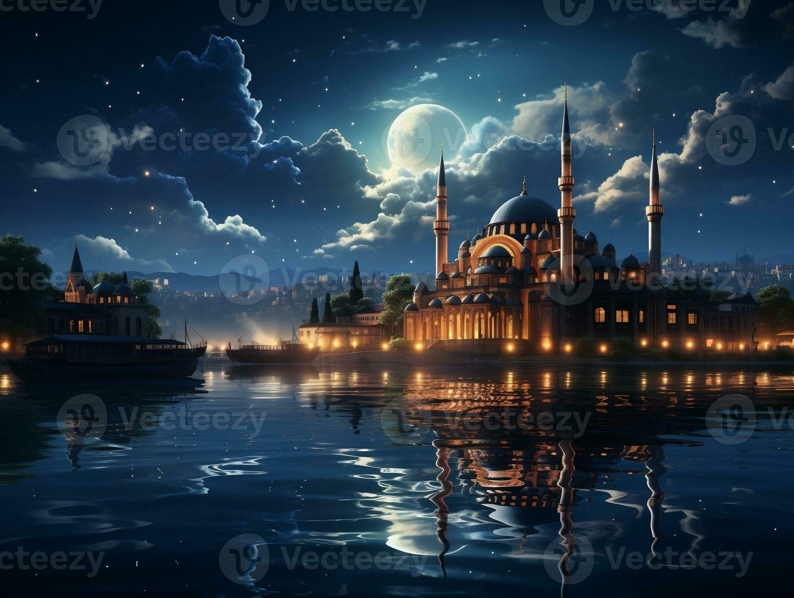 2602x1960 Beautiful islamic mosque with night moon sky and cloud photo wallpaper generative ai