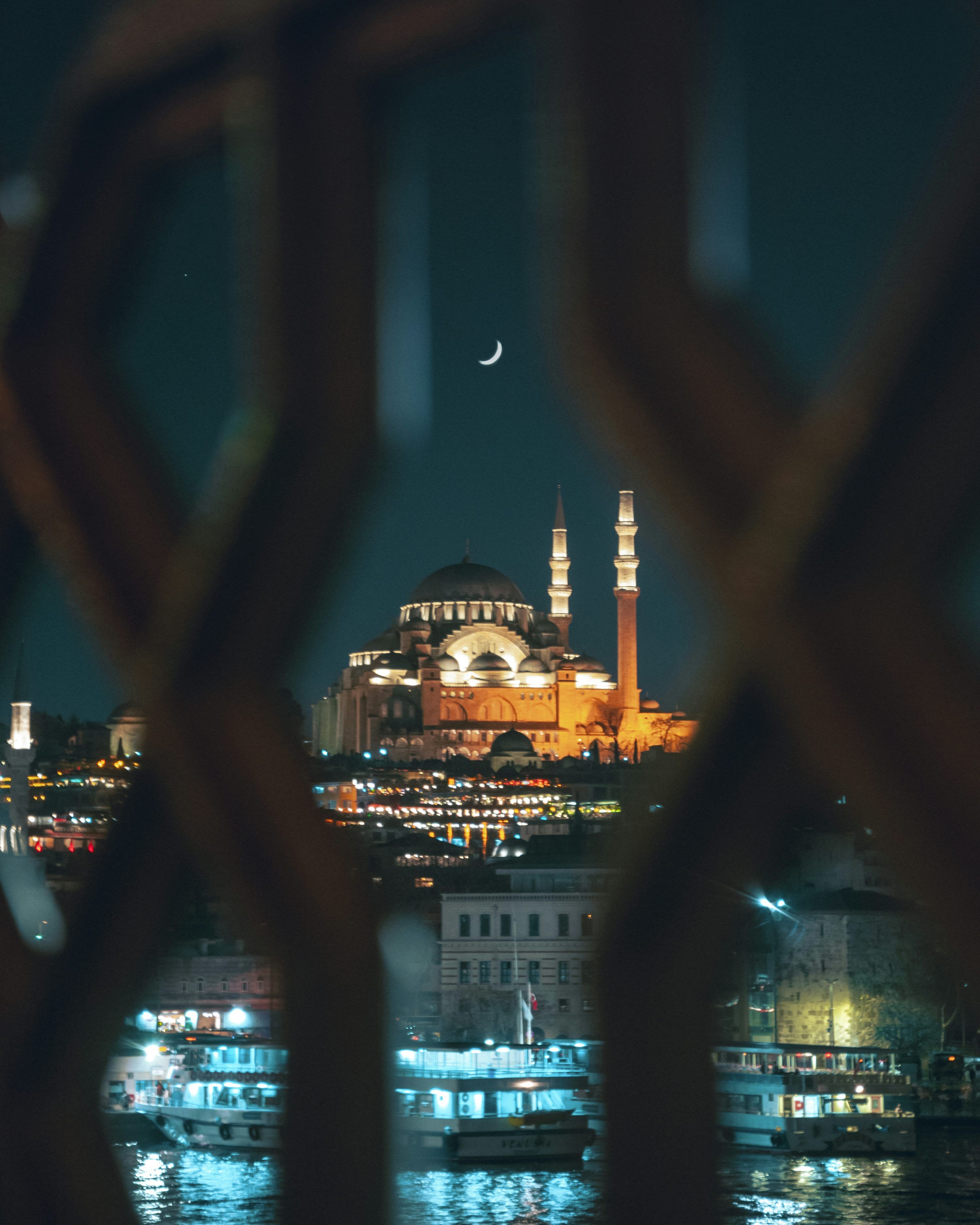 3000x3750 A view of a city at night through a fence photo