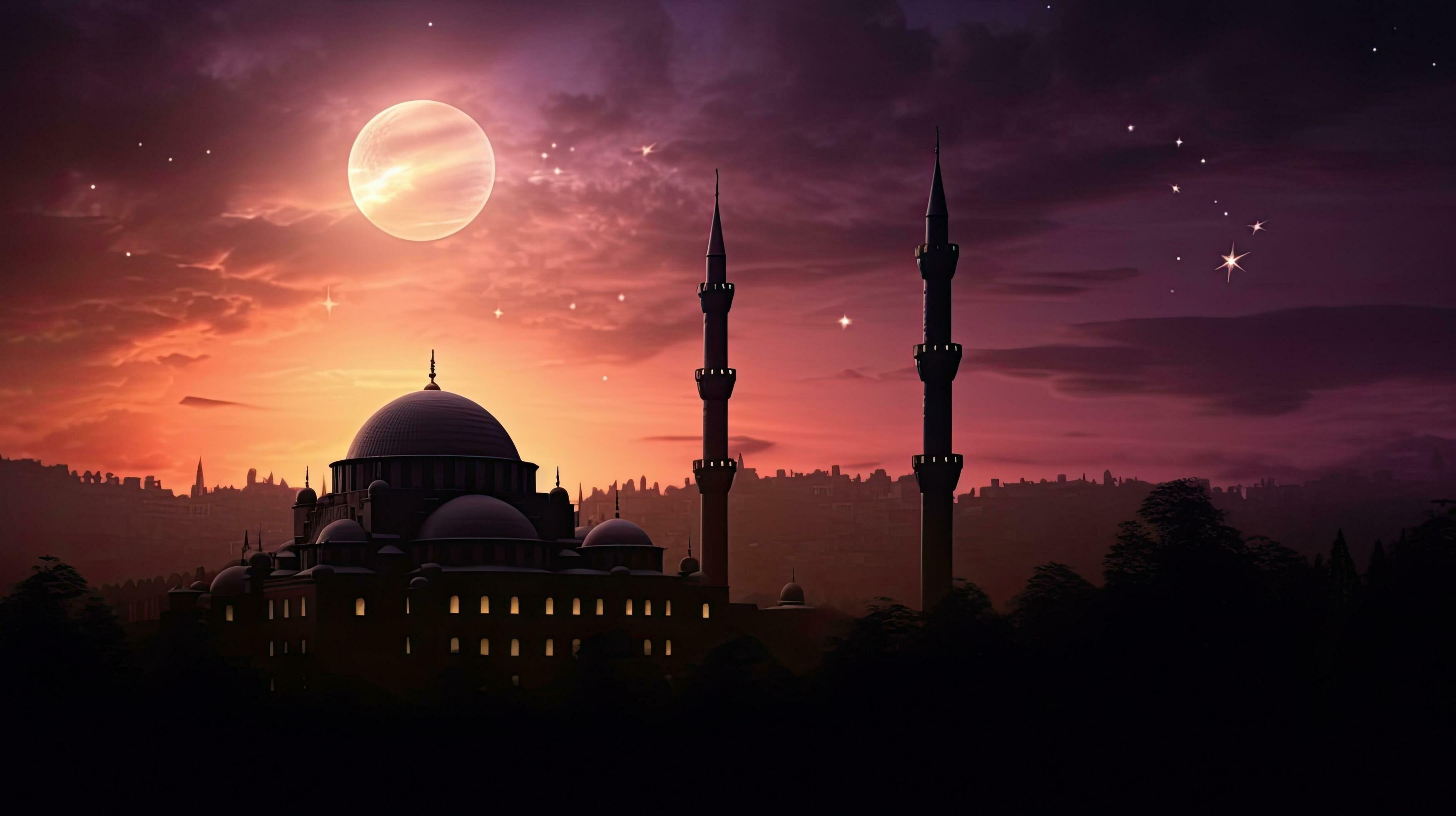 3497x1960 Islamic night with a mosque silhouette against a sunset sky moonlit and holy ambiance depicted in an Islamic wallpaper