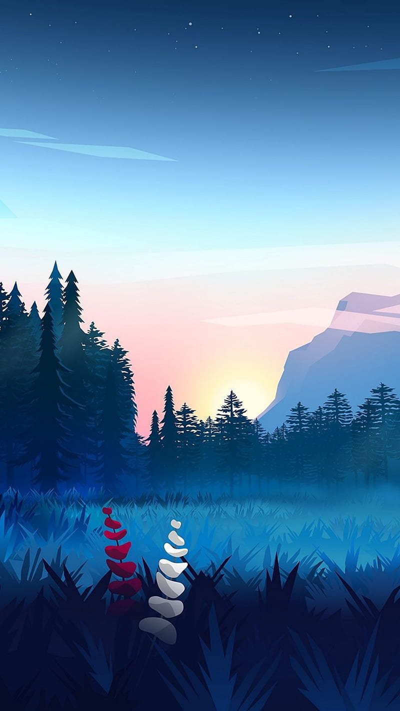 800x1422 Blue Landscape, aesthetic, blue, flowers, landscape, nature, trees, HD phone wallpaper