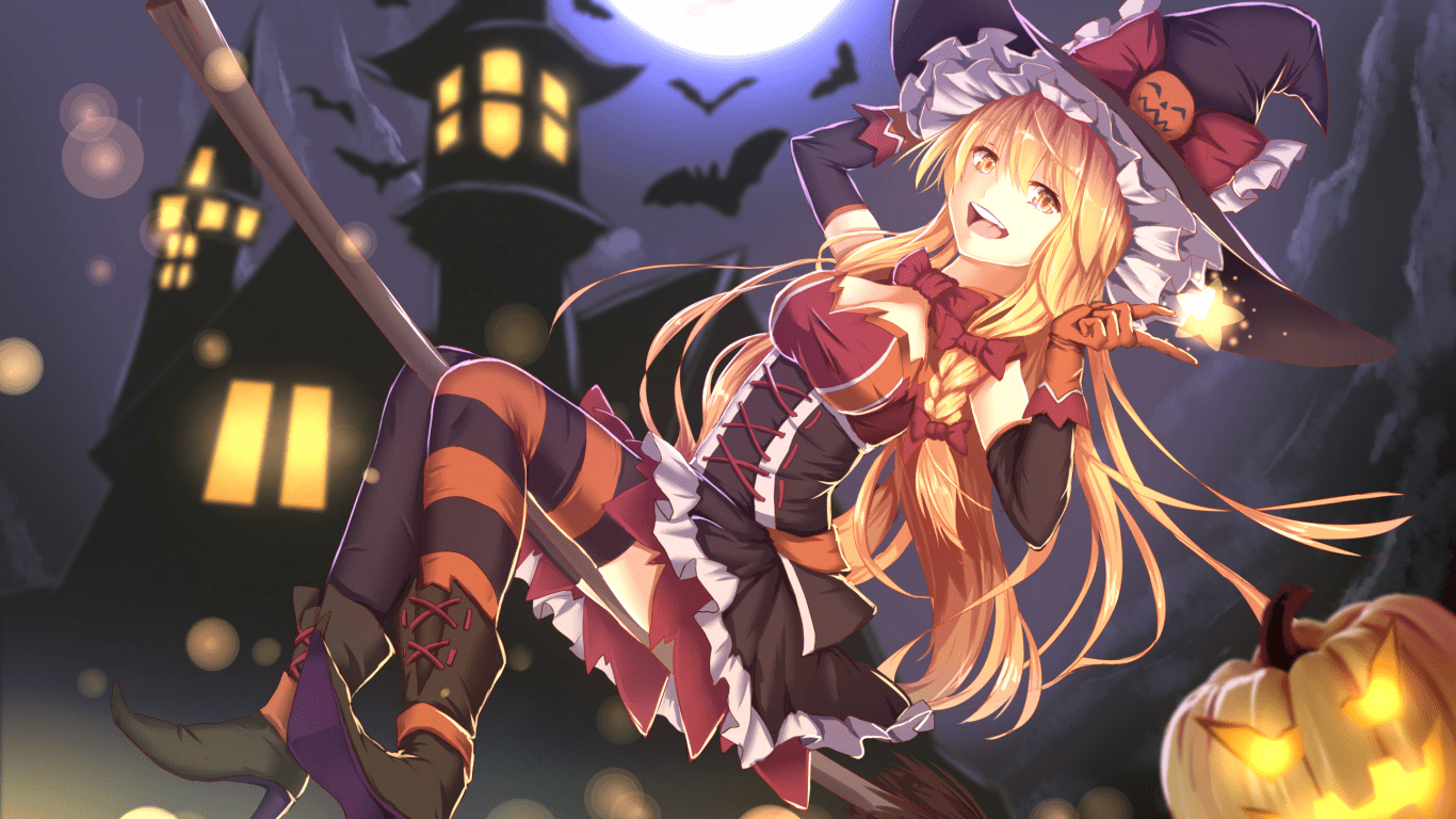 1366x768 Download 1366x768 Anime Girl, Halloween Costume, Witch, Broom
