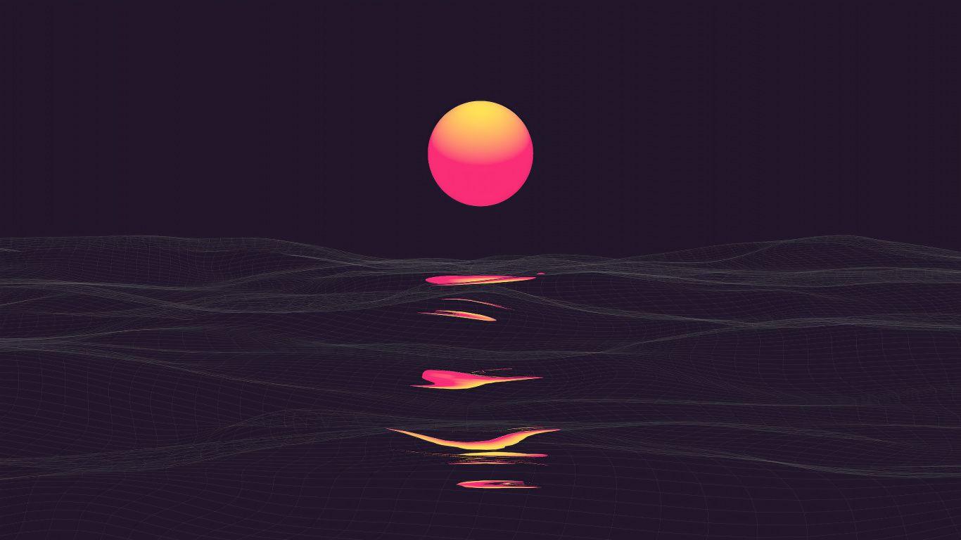1366x768 Download Retrowave, sunrise, reflections, sea, clear sky, dark