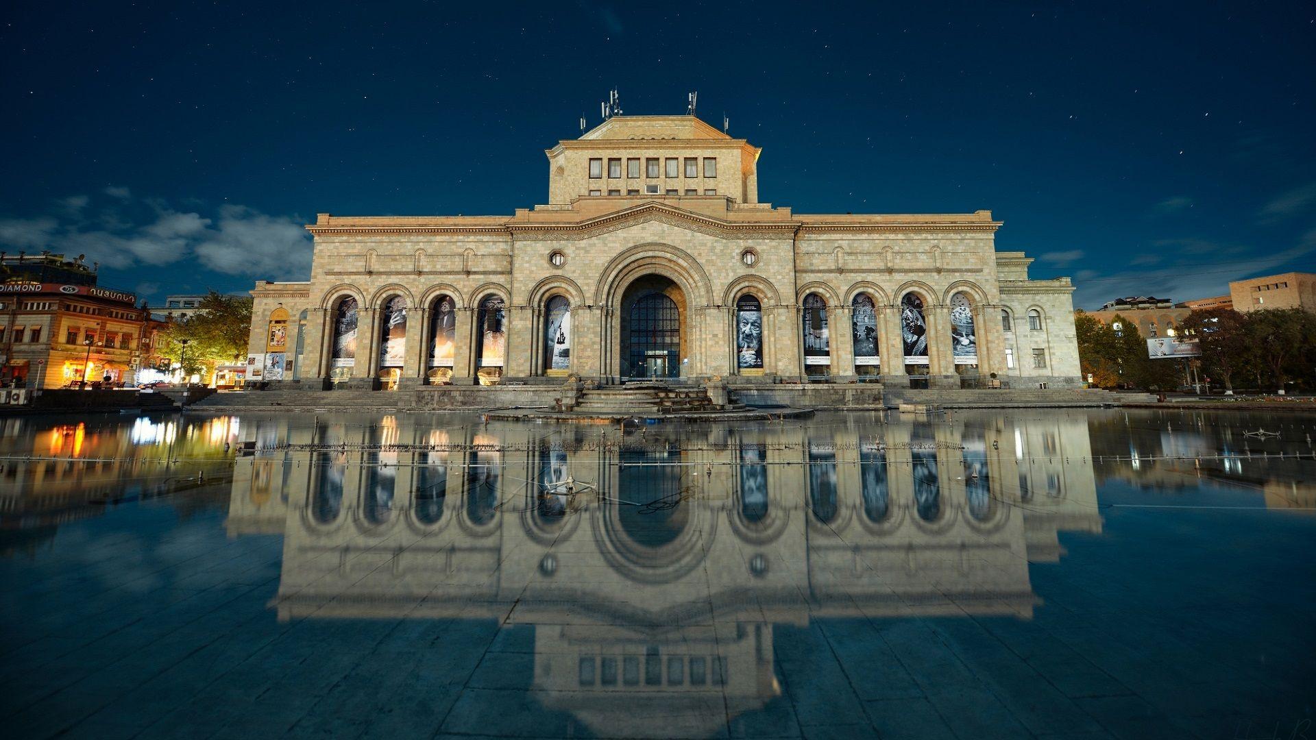 1920x1080 Armenia Yerevan Building Reflection In Water. World famous