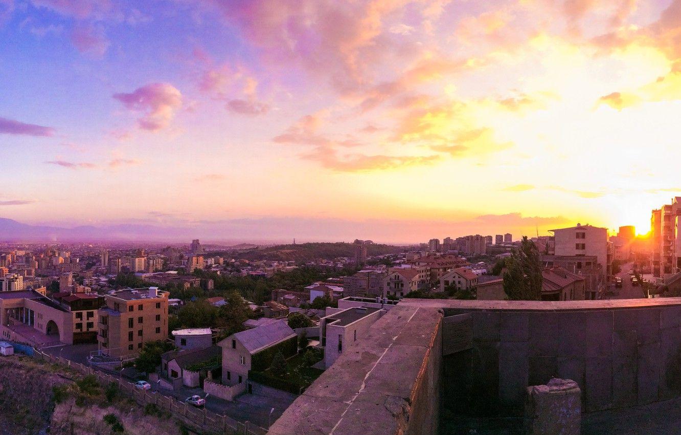 1332x850 Wallpaper the sky, the sun, landscape, sunset, cascade, Armenia