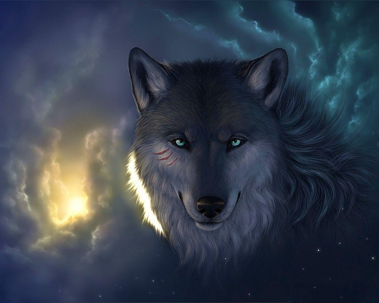1280x1024 Free download Wallpaper wolf clouds cuts eyes muzzle light stars
