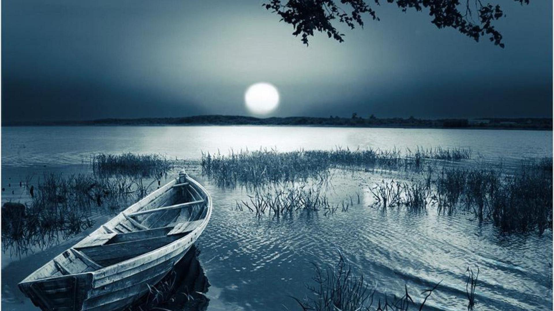 1920x1080 Night, river, reed, boat