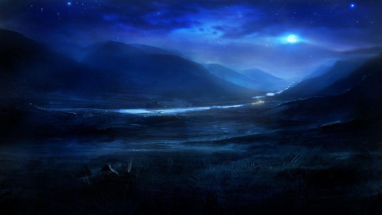 1244x700 Blue nature river night the moon stars hills art wallpaper
