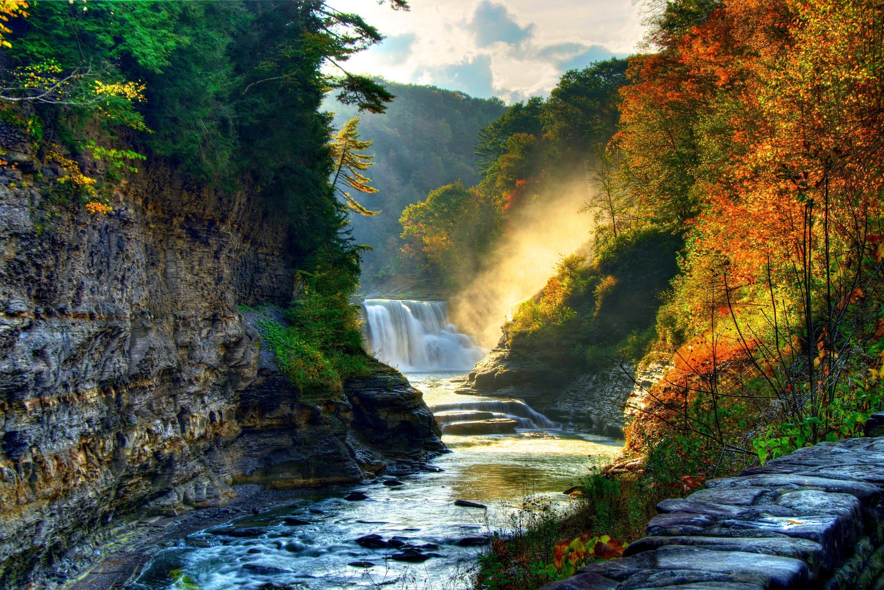 3000x2001 landscape, Nature, Tree, Forest, Woods, Autumn, River, Waterfall