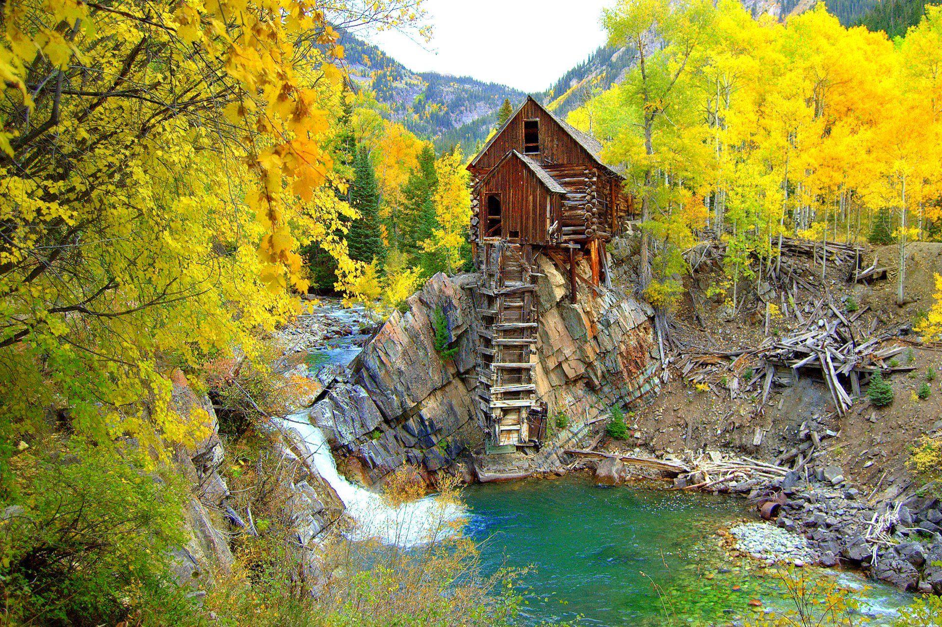 1920x1278 forest, Trees, Autumn, River, Mill, Forest, Mountains Wallpaper