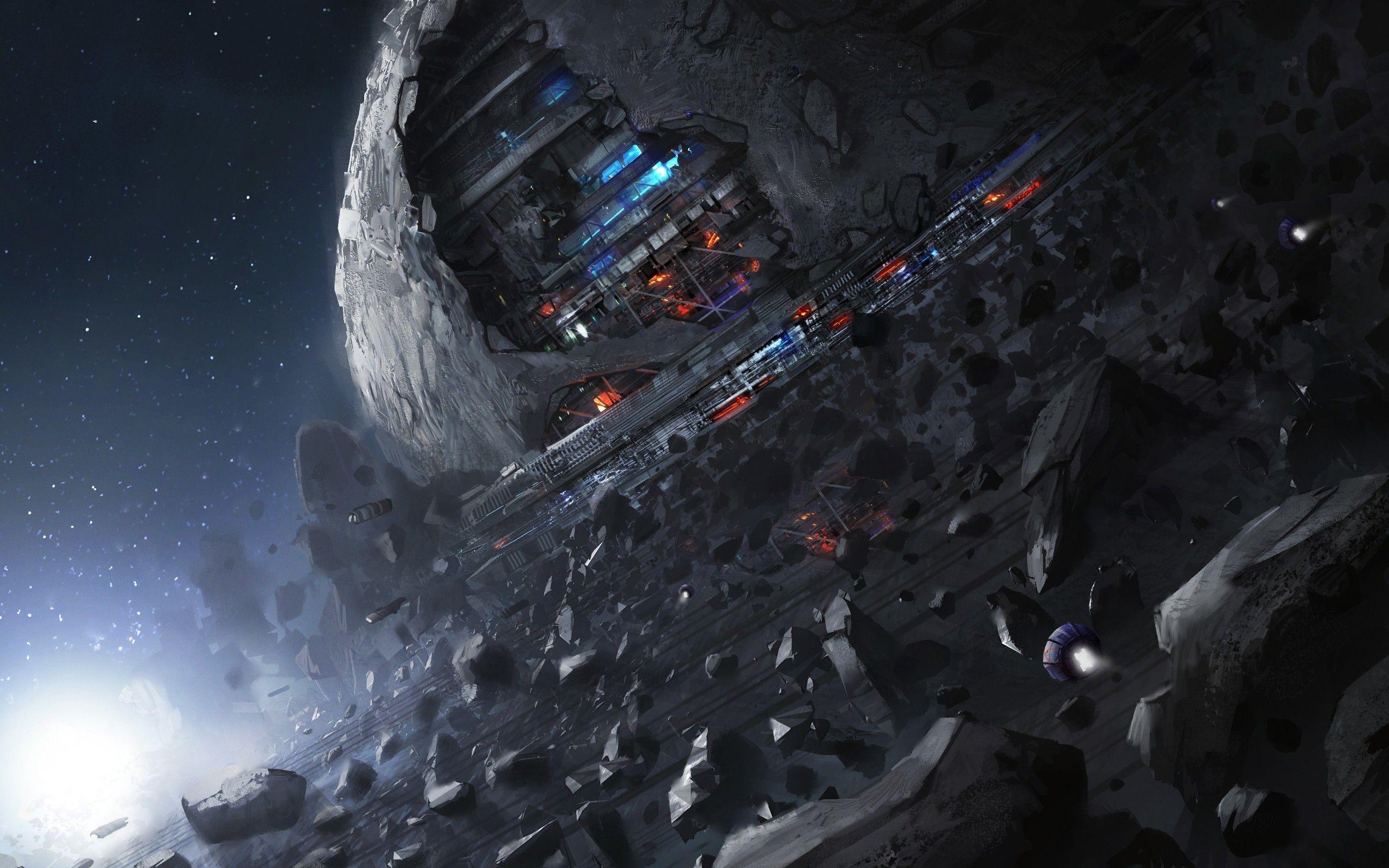 2560x1600 Space station hidden in an asteroid belt HD Wallpaper. Background