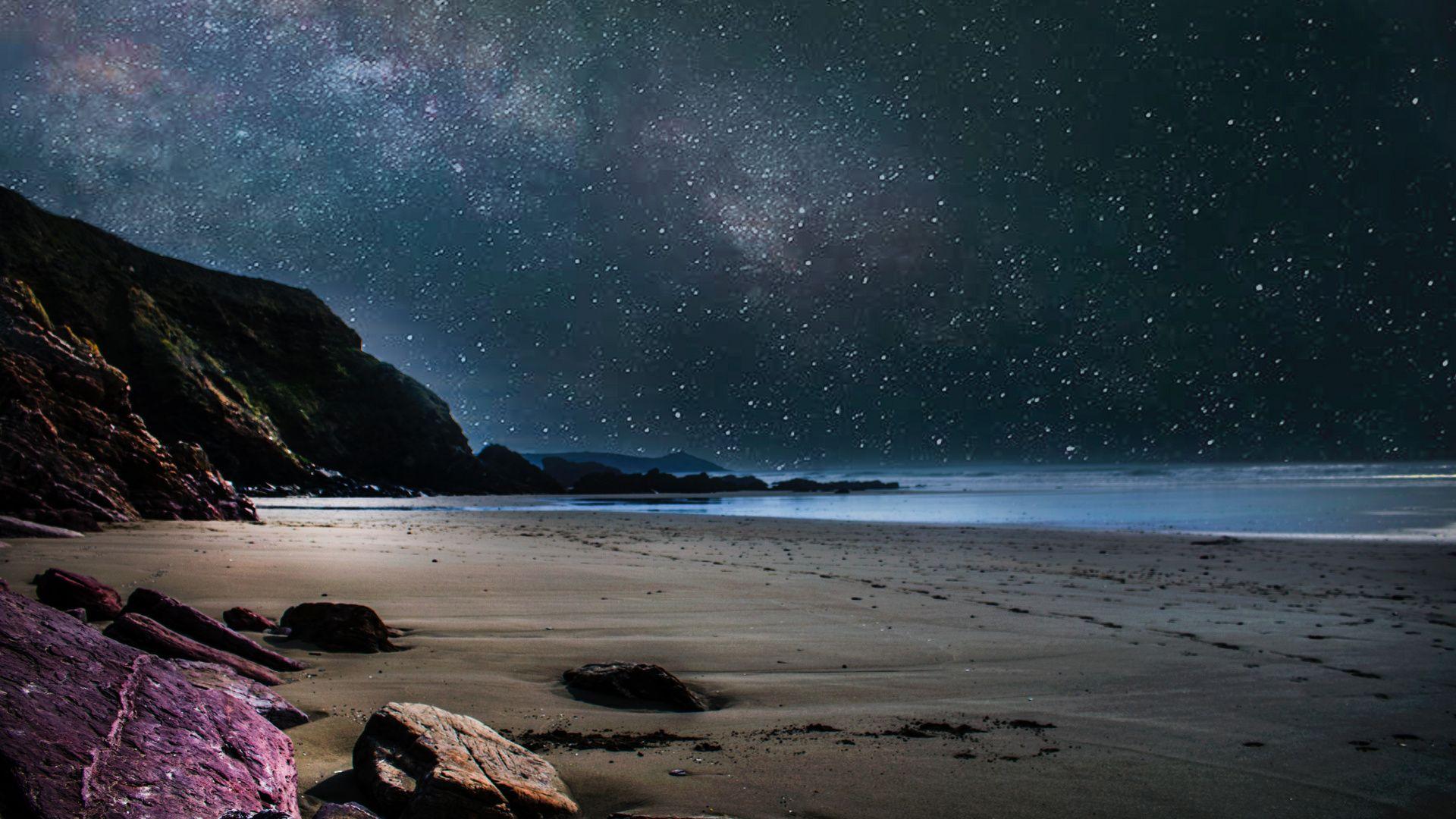 1920x1080 Download Beach, seashore, starry night, calm wallpaper, 1920x1080
