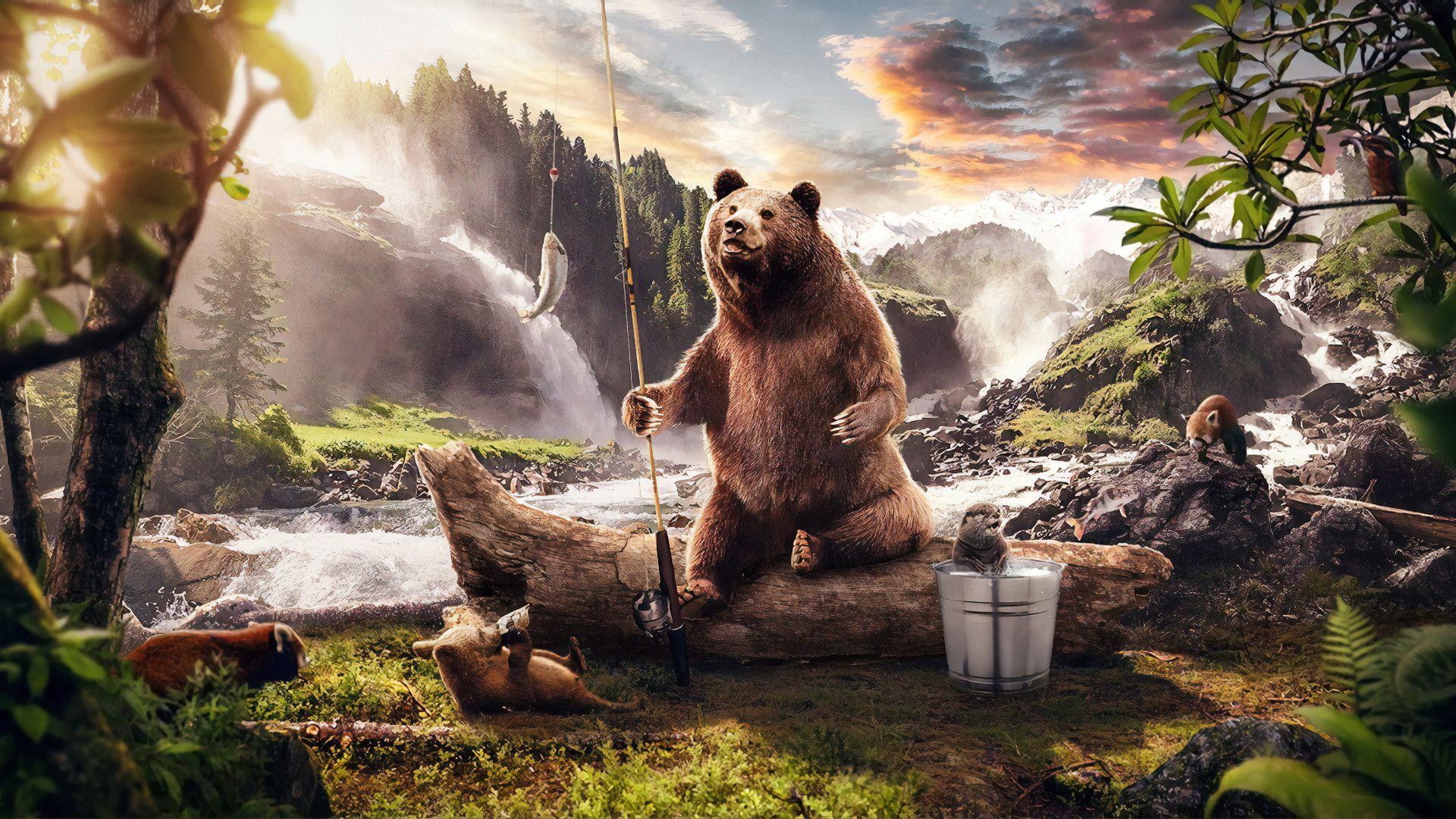 1920x1080 Bear In Jungle Along Side River Laptop Full HD 1080P HD