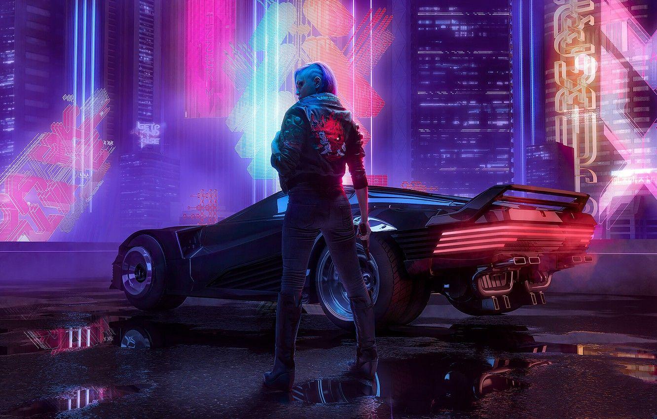 1332x850 Wallpaper Girl, Auto, Night, The city, The game, Neon, Machine