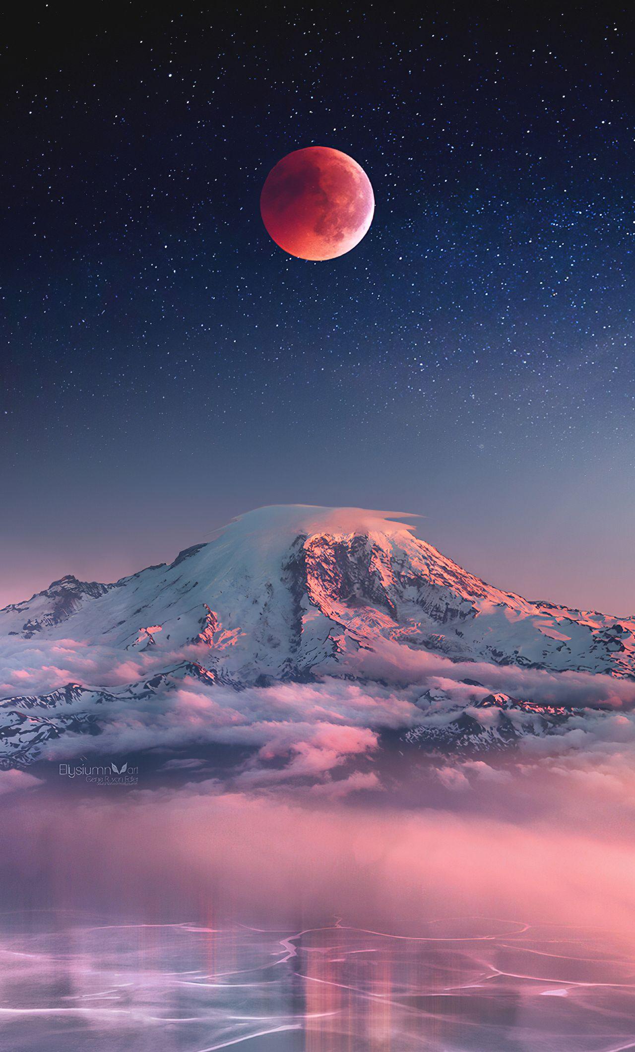 1280x2120 Red Moon Landscape iPhone HD 4k Wallpaper, Image