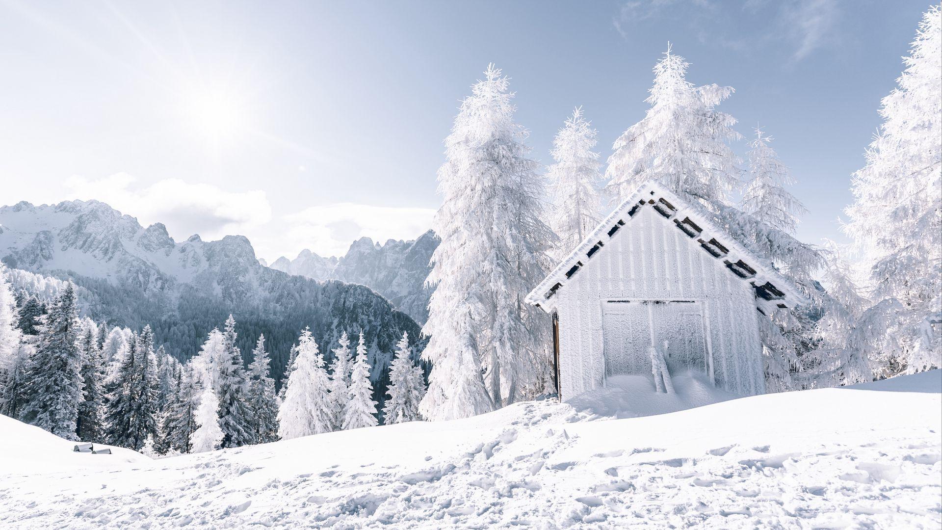 1920x1080 Download wallpaper 1920x1080 mountains, snow, winter, building