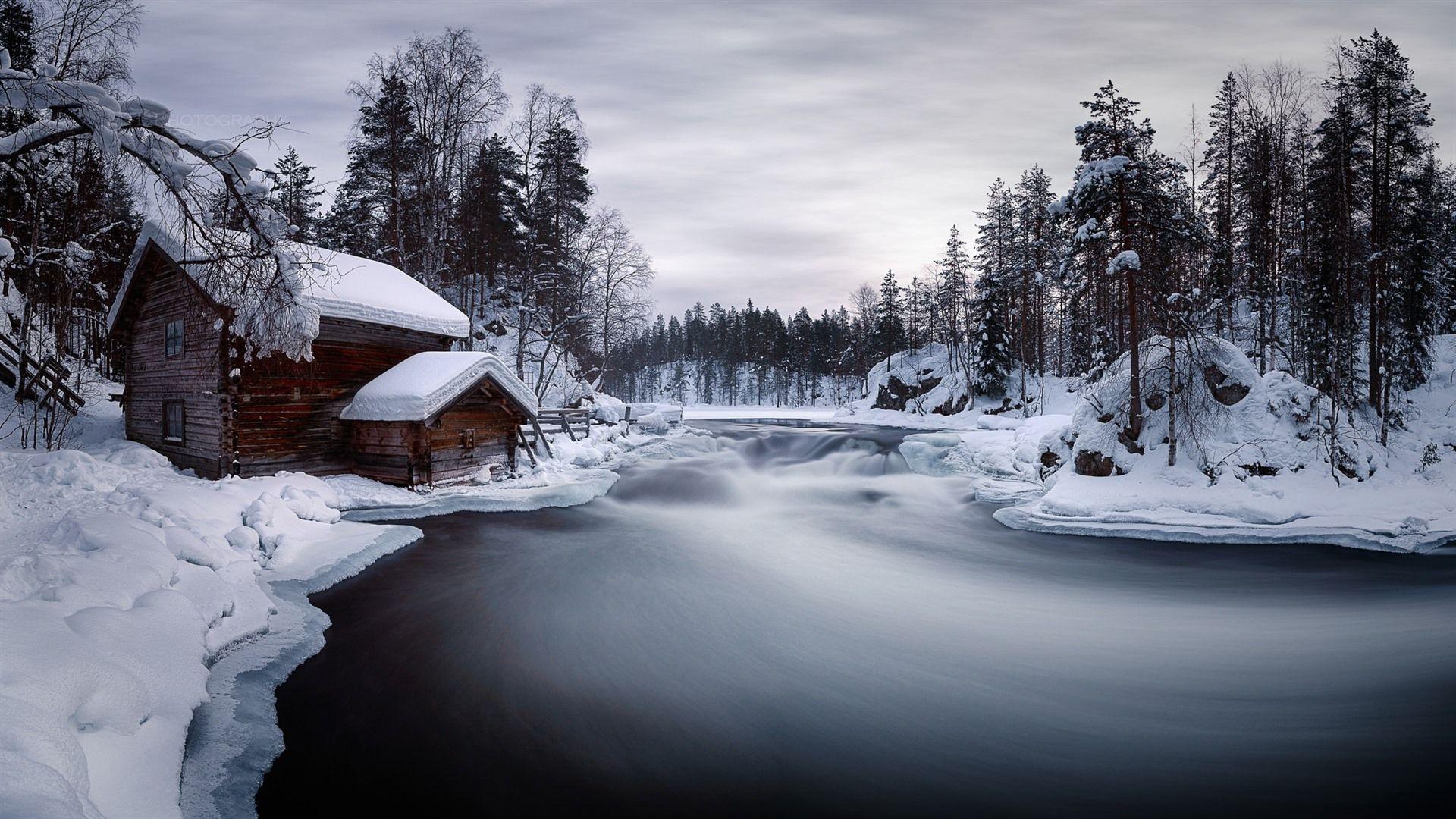 1920x1080 Wallpaper Winter, snow, river, house, trees 1920x1080 Full HD 2K