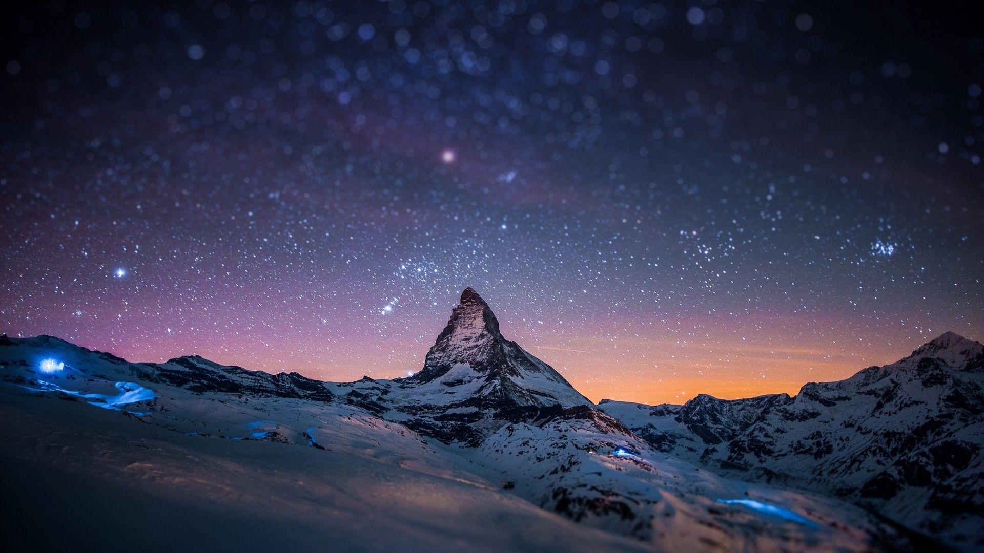 1920x1080 Mountain Peak Stars Sky Night Light Snow Wallpaper 1920x1080