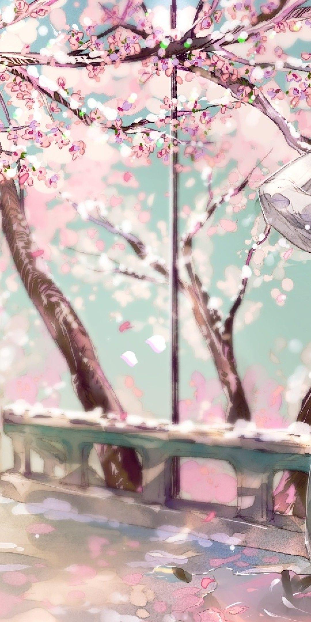 1080x2160 Download 1080x2160 Cherry Blossom, Sakura, Anime Girl, Back View