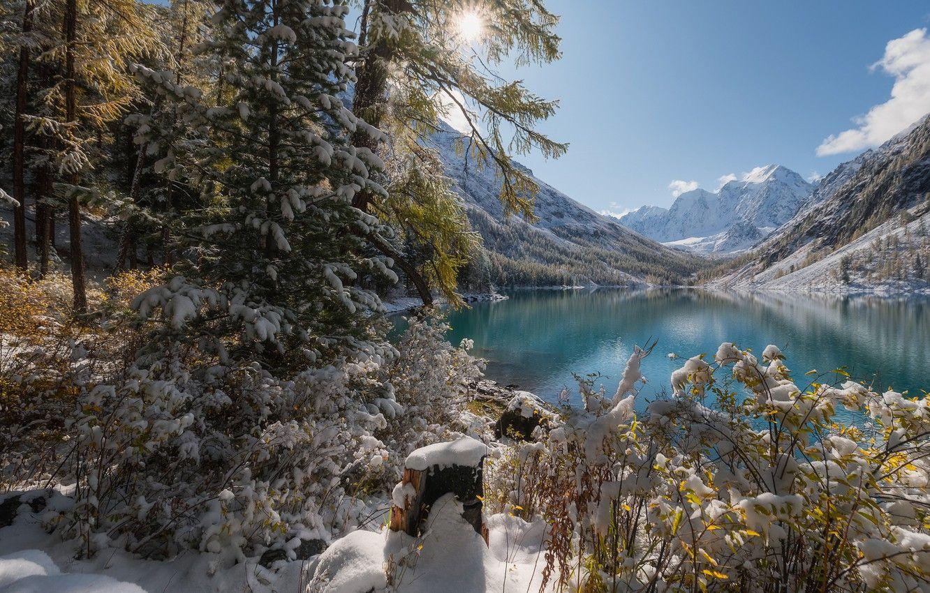 1332x850 Wallpaper winter, snow, trees, mountains, lake, Russia, The Altai