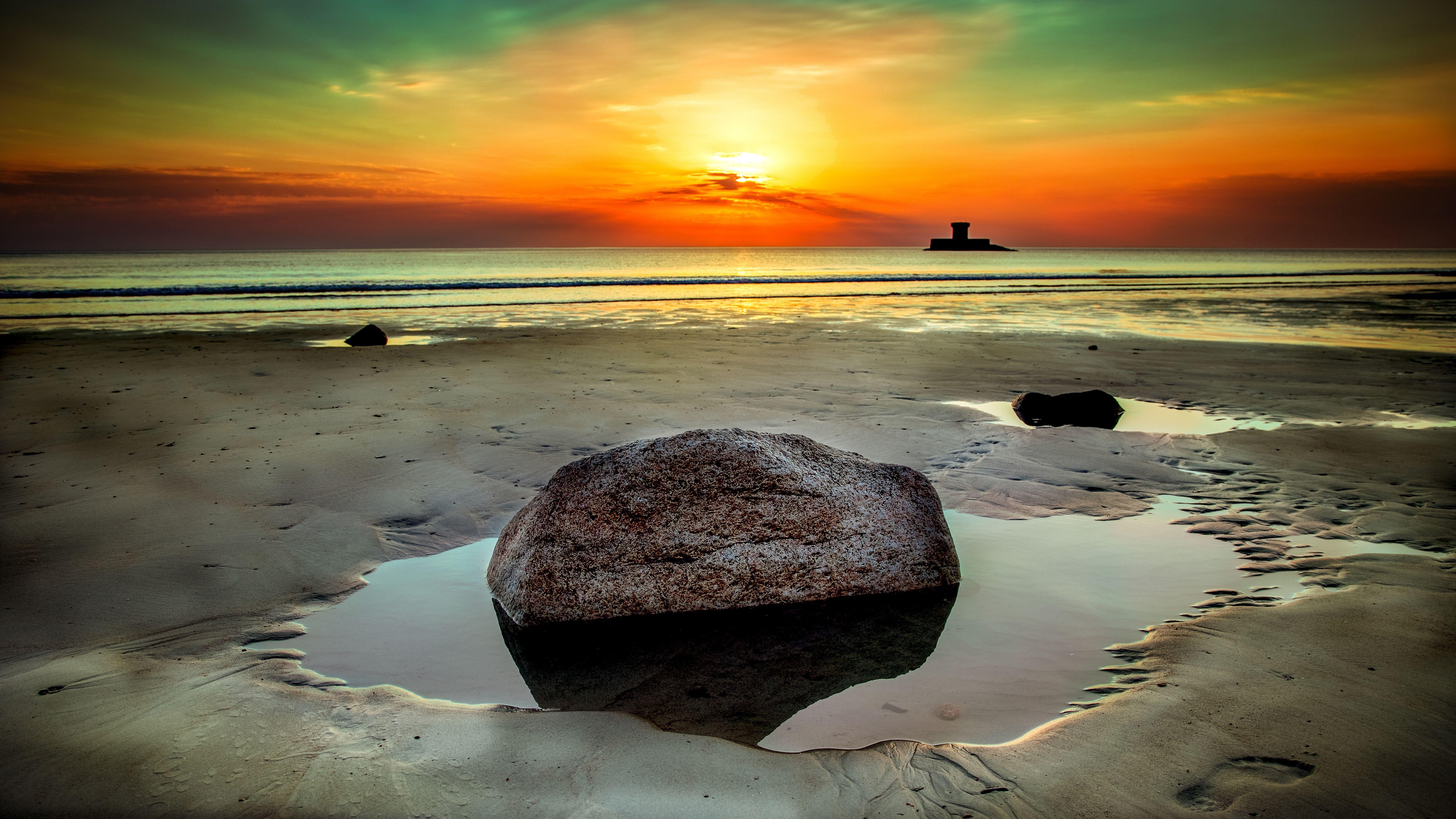 5745x3232 Beach Stone Rock Seashore Clouds Sunet, HD Nature, 4k Wallpaper