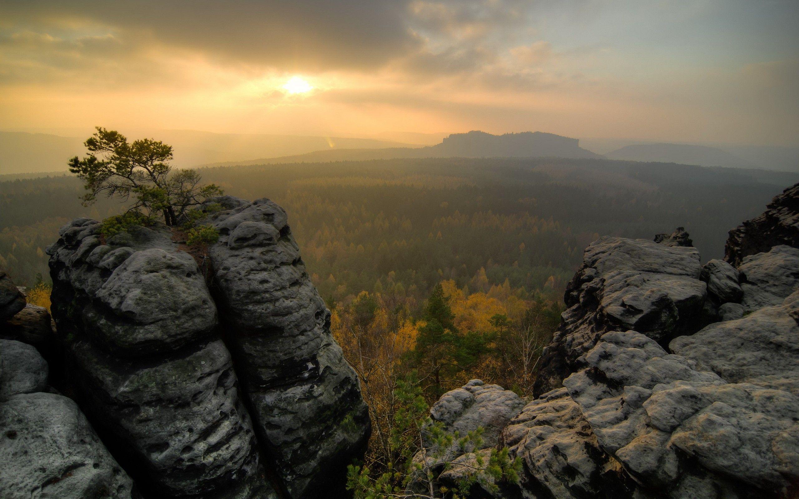 2560x1600 Sunlight Landscape Trees Rock Stone sunrise sunset autumn sky