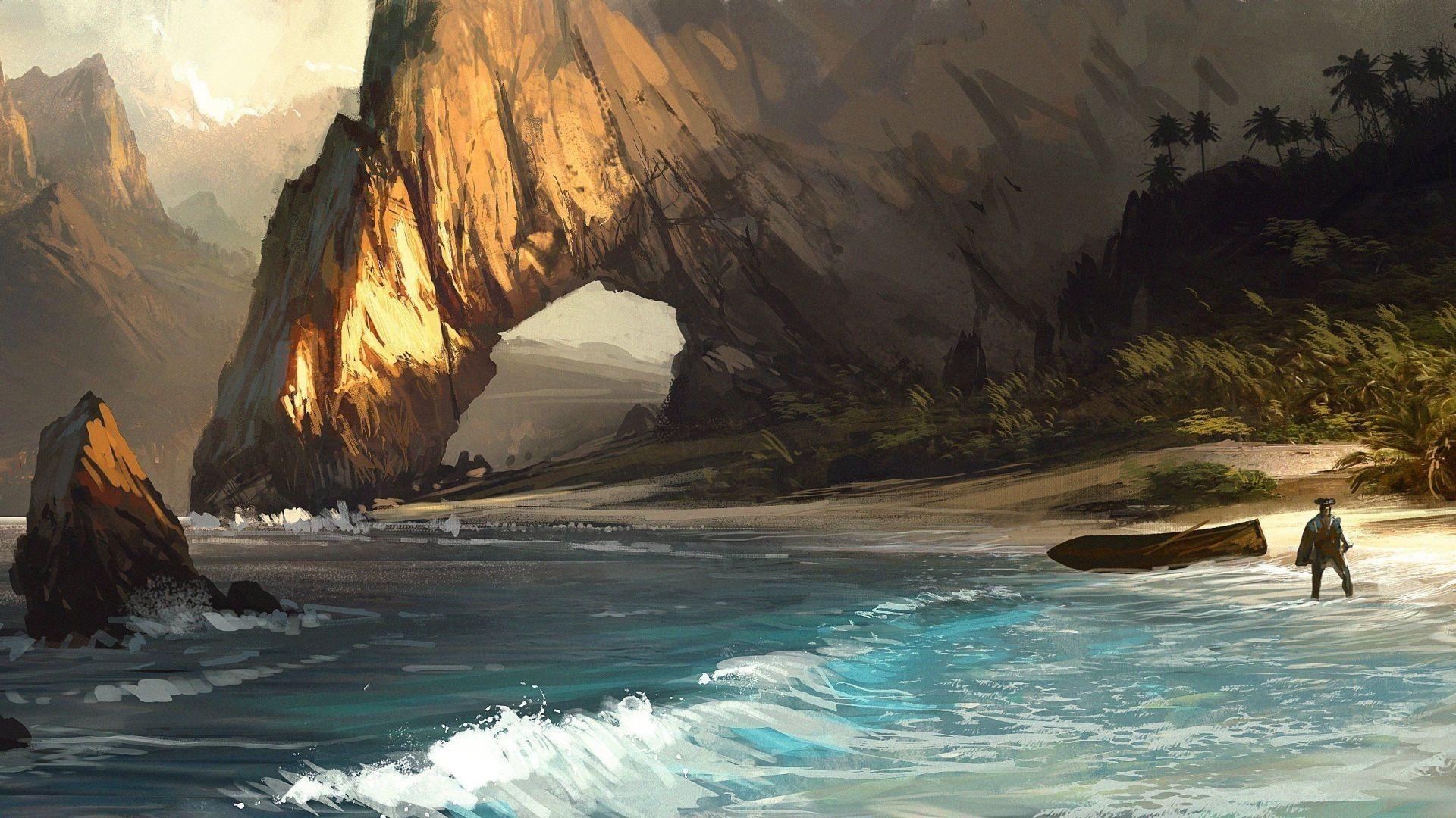 1920x1080 assassinand039s, Creed, Beach, Drawing, Pirate, Arch, Rock, Stone