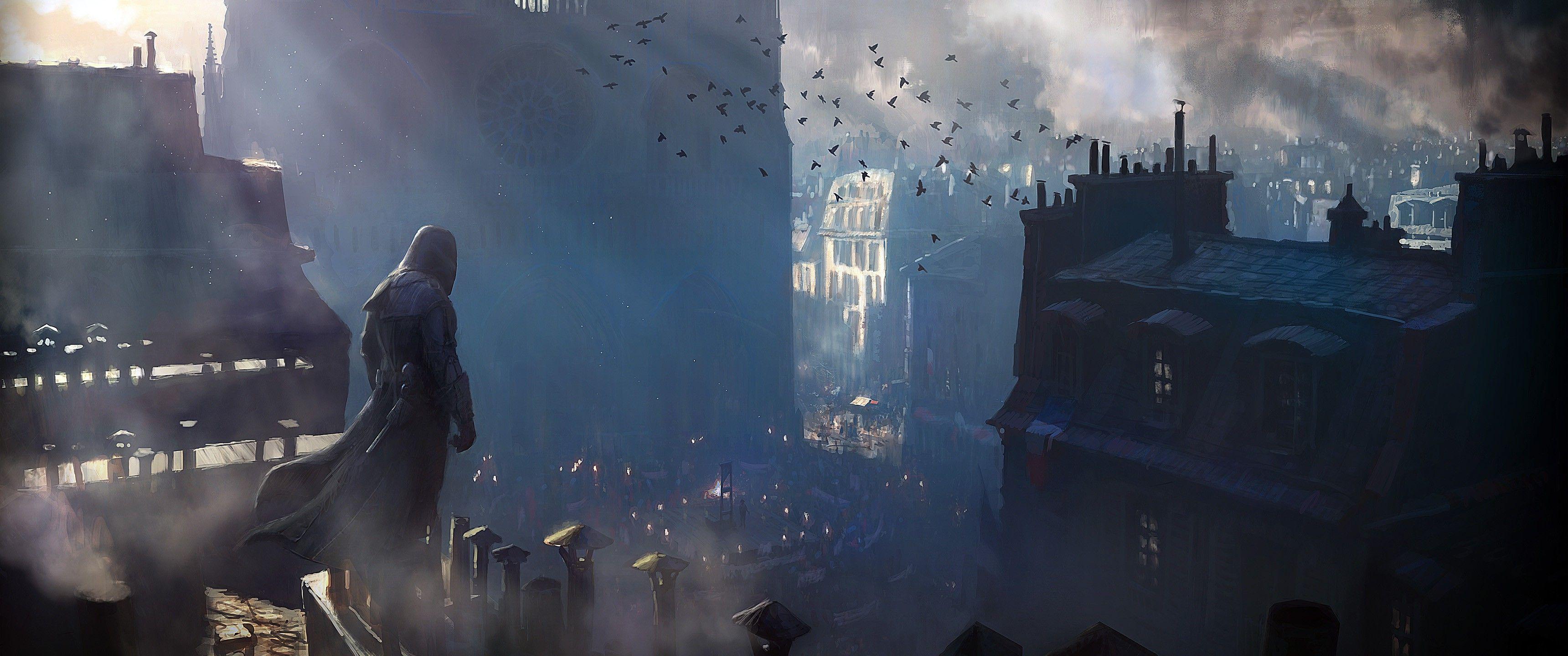 3440x1440 Assassins Creed, Video Games, Sun Rays, Rooftops, Birds, Cathedral
