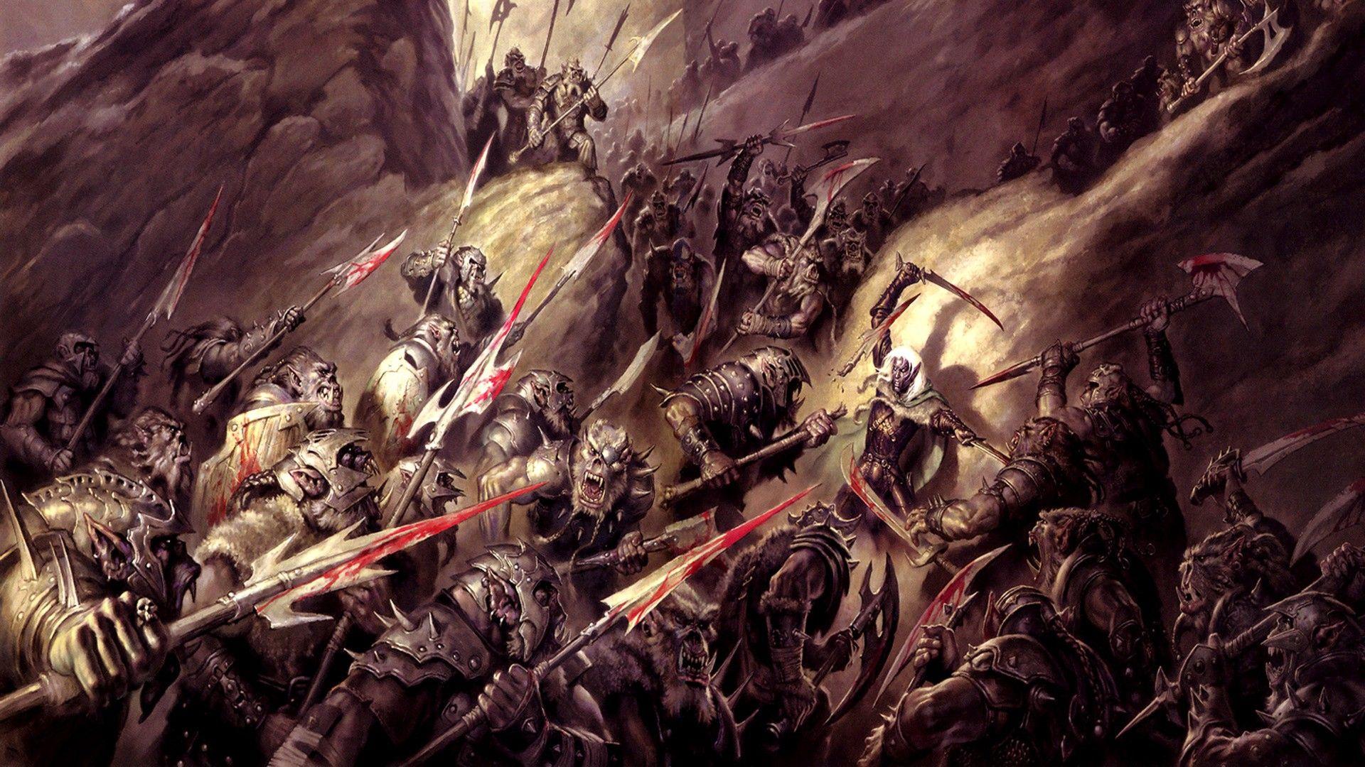 1920x1080 fantasy art, armor, dnd, orcs, axes, Dungeons and Dragons, spears, Drizzt, drow, dark elf, swords, Drow Ranger, dual wield wallpaper