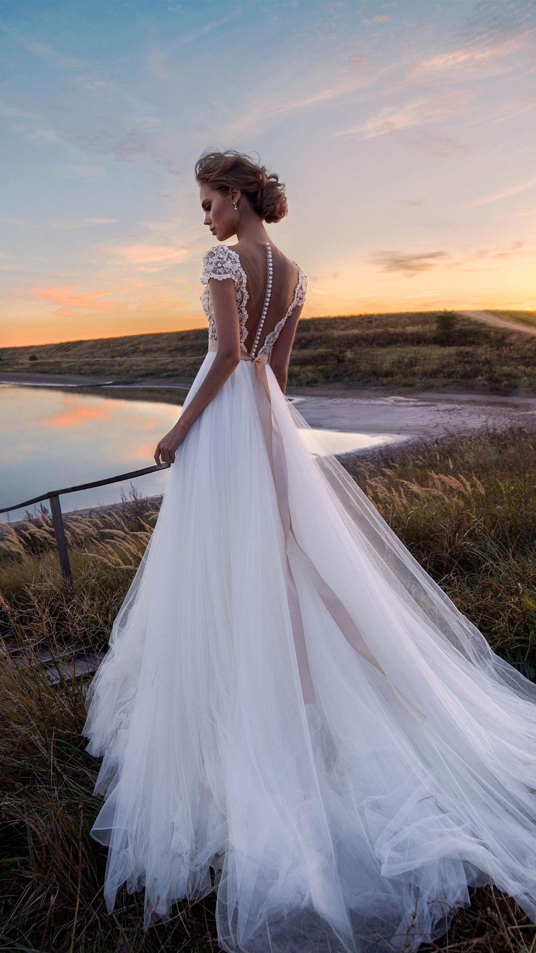 1080x1920 Beautiful bride, white skirt, grass, lake, moon, dusk 1080x1920