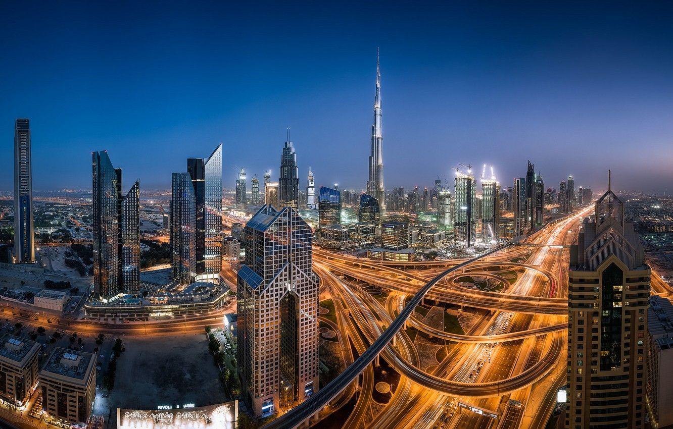 1332x850 Wallpaper building, road, panorama, Dubai, night city, Dubai