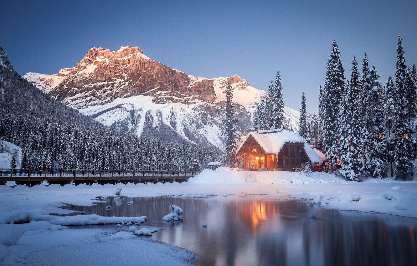1332x850 Wallpaper winter, snow, trees, mountains, lake, Canada, house
