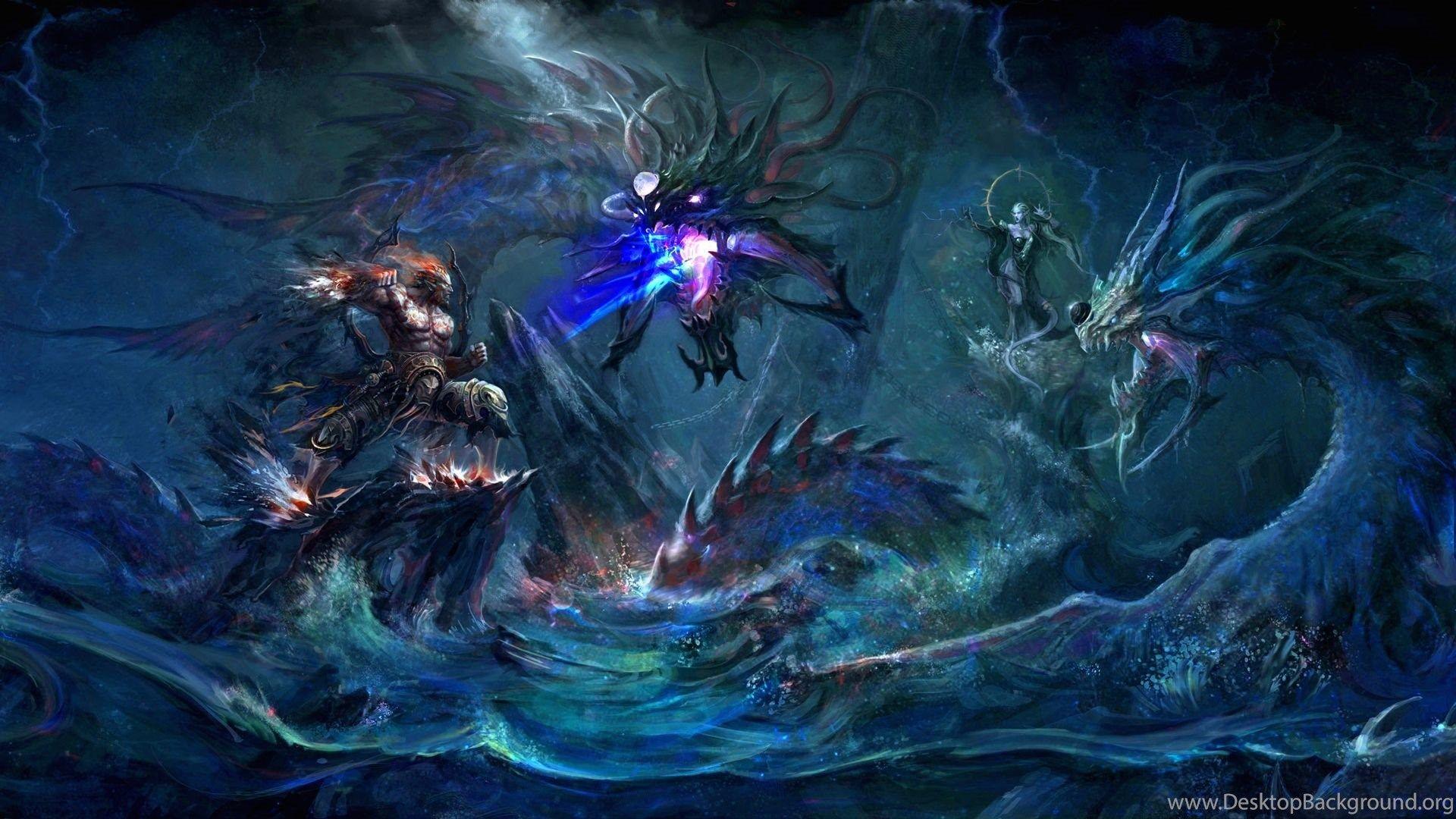 1920x1080 Dark, Fantasy, Warrior, Dragon, Women, Ocean, Magic wallpaper