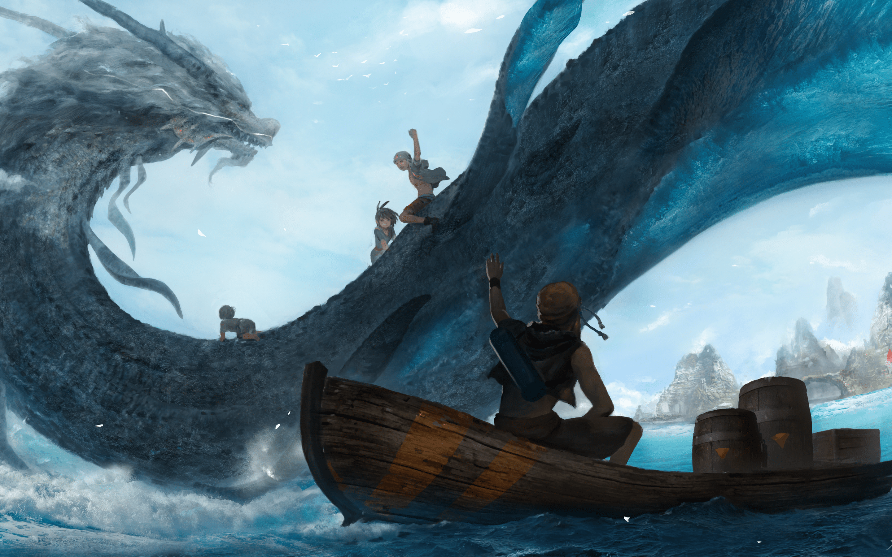 2880x1800 Download 2880x1800 Dragon, Ocean, Anime World, Fantasy, Boat