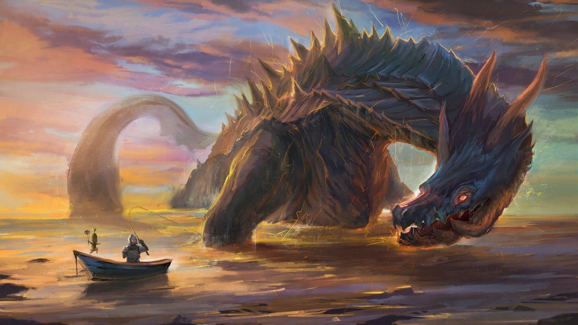1920x1080 #sea monsters, #fishing rod, #knight, #dragon, #boat